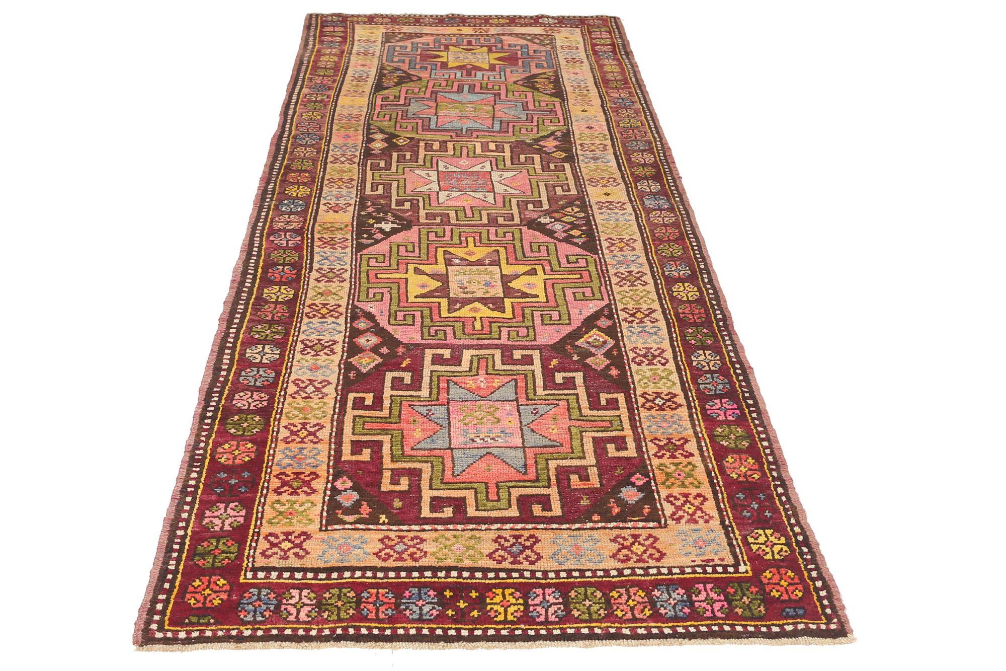 Persischer Aserbaidschanischer Läufer - Wolle Grün Elfenbein Rosa Rot - 97150 (Irakisch) im Angebot