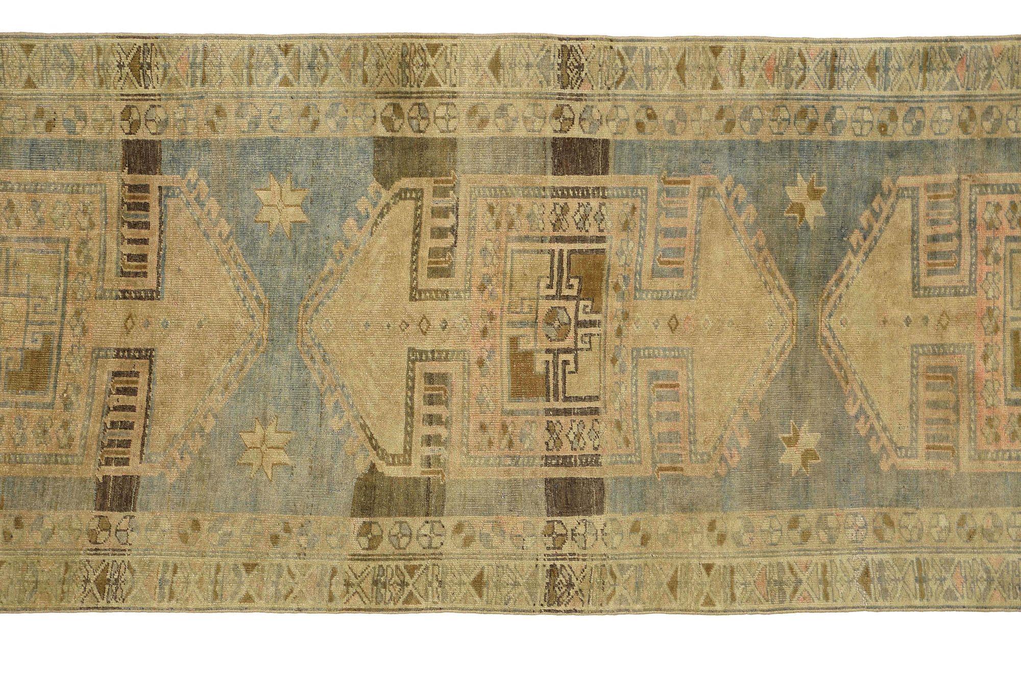 Persischer Aserbaidschan-Läufer - Wolle Hellblau Taupe Design - 97639 (20. Jahrhundert) im Angebot