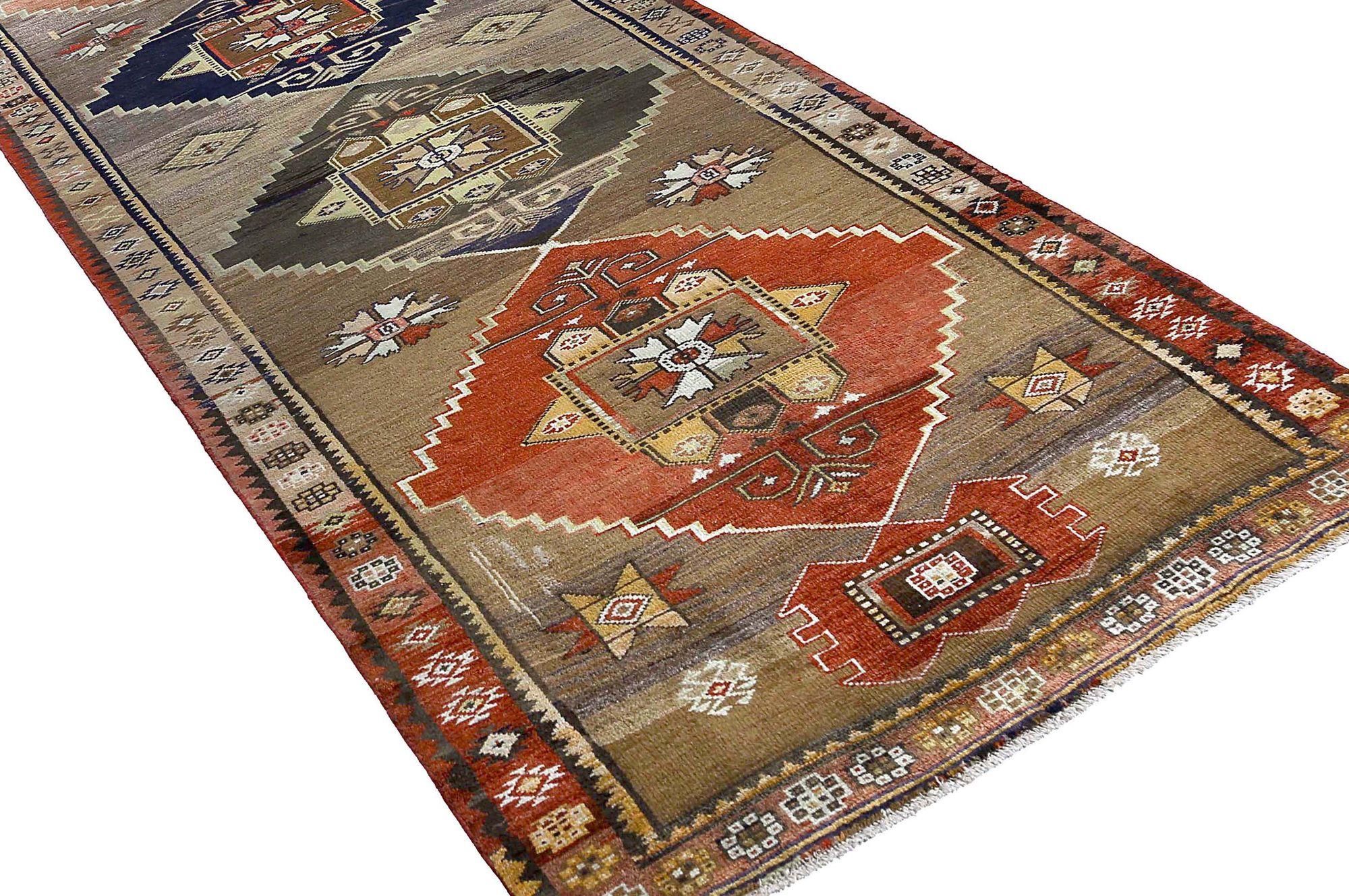 Persischer Aserbaidschan-Läufer - Wolle Orange Rot Taupe Design - 96677 (Irakisch) im Angebot
