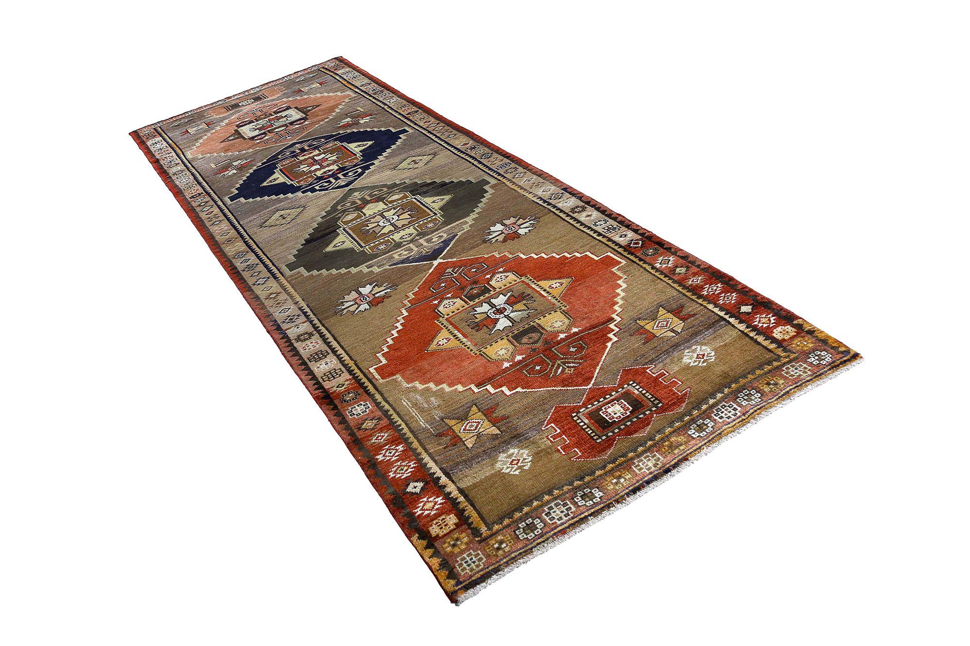 Persischer Aserbaidschan-Läufer - Wolle Orange Rot Taupe Design - 96677 (20. Jahrhundert) im Angebot