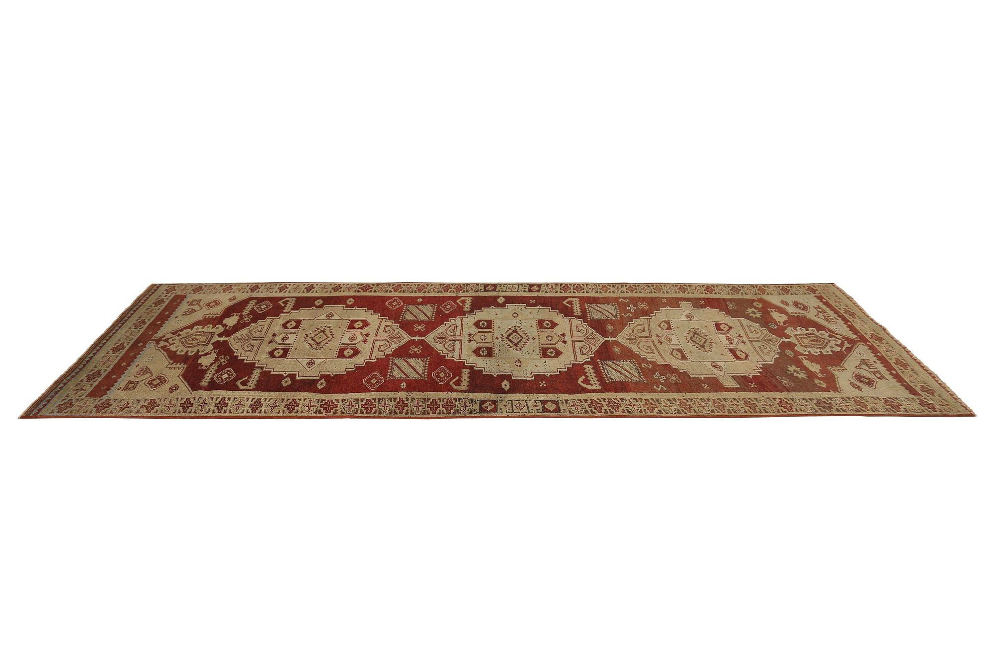 Persischer Aserbaidschan-Läufer - Wolle in Rot- Taupe Design - 97972 (Irakisch) im Angebot