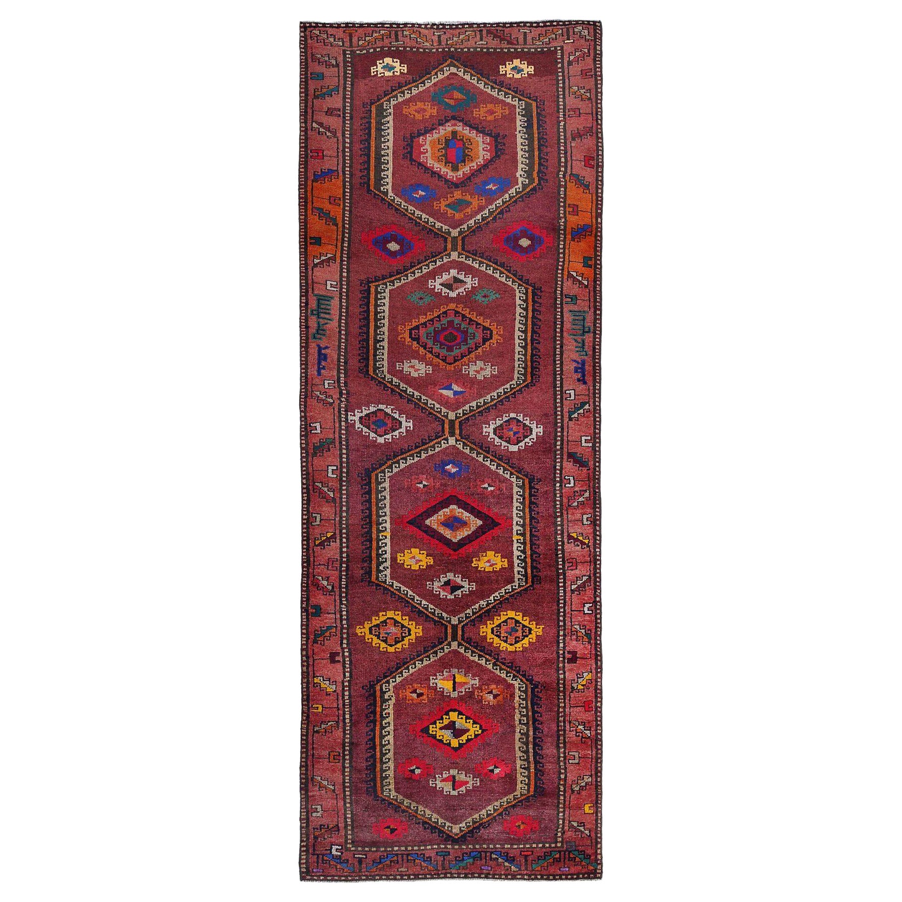 Persian Azerbaijan Runner Rug - Wool Red Yellow Design - 96903