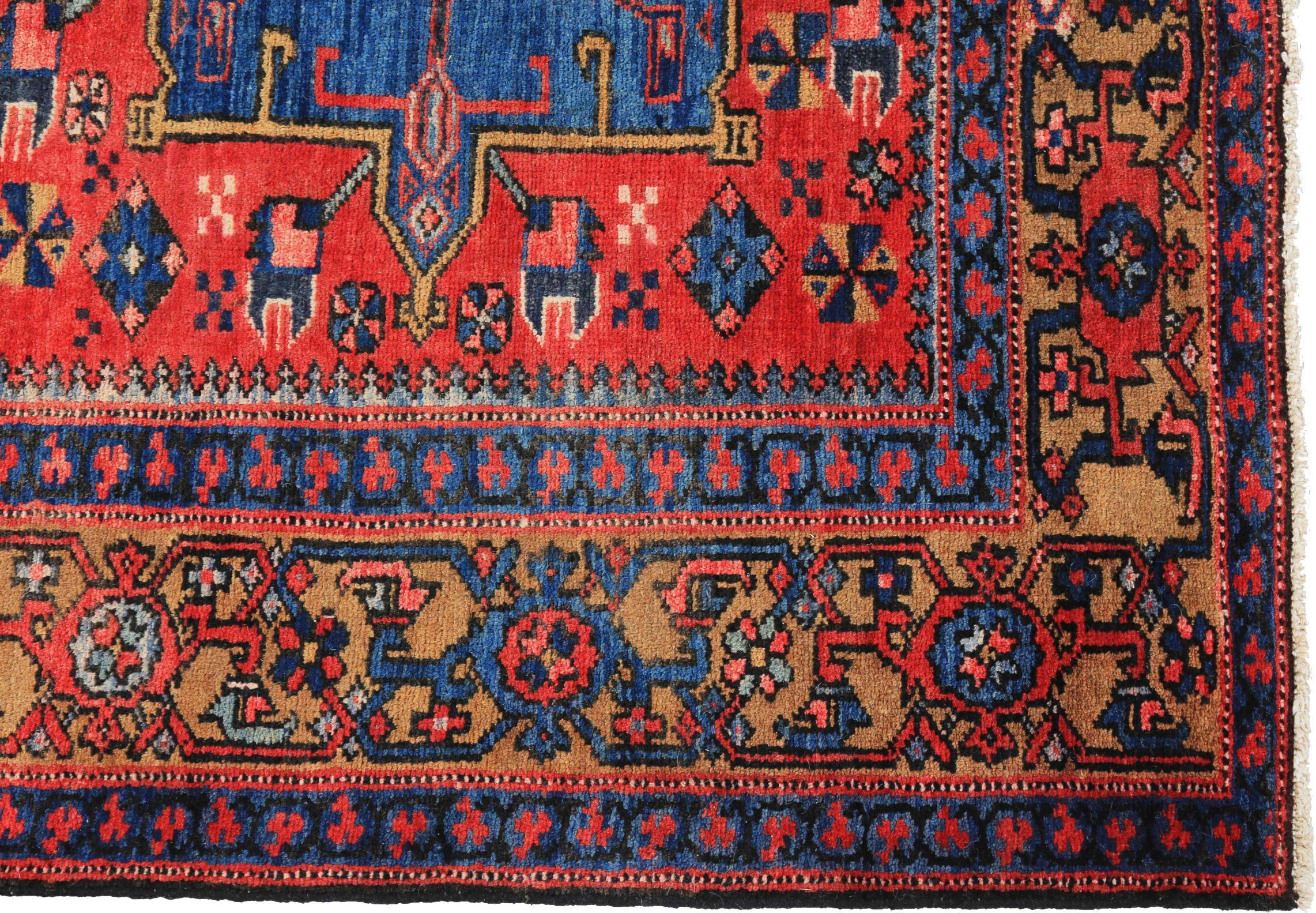 Persischer Aserbaidschan Kleiner Teppich - Wolle Blau Elfenbein Rot Gelb - 89623 im Zustand „Hervorragend“ im Angebot in Dallas, TX