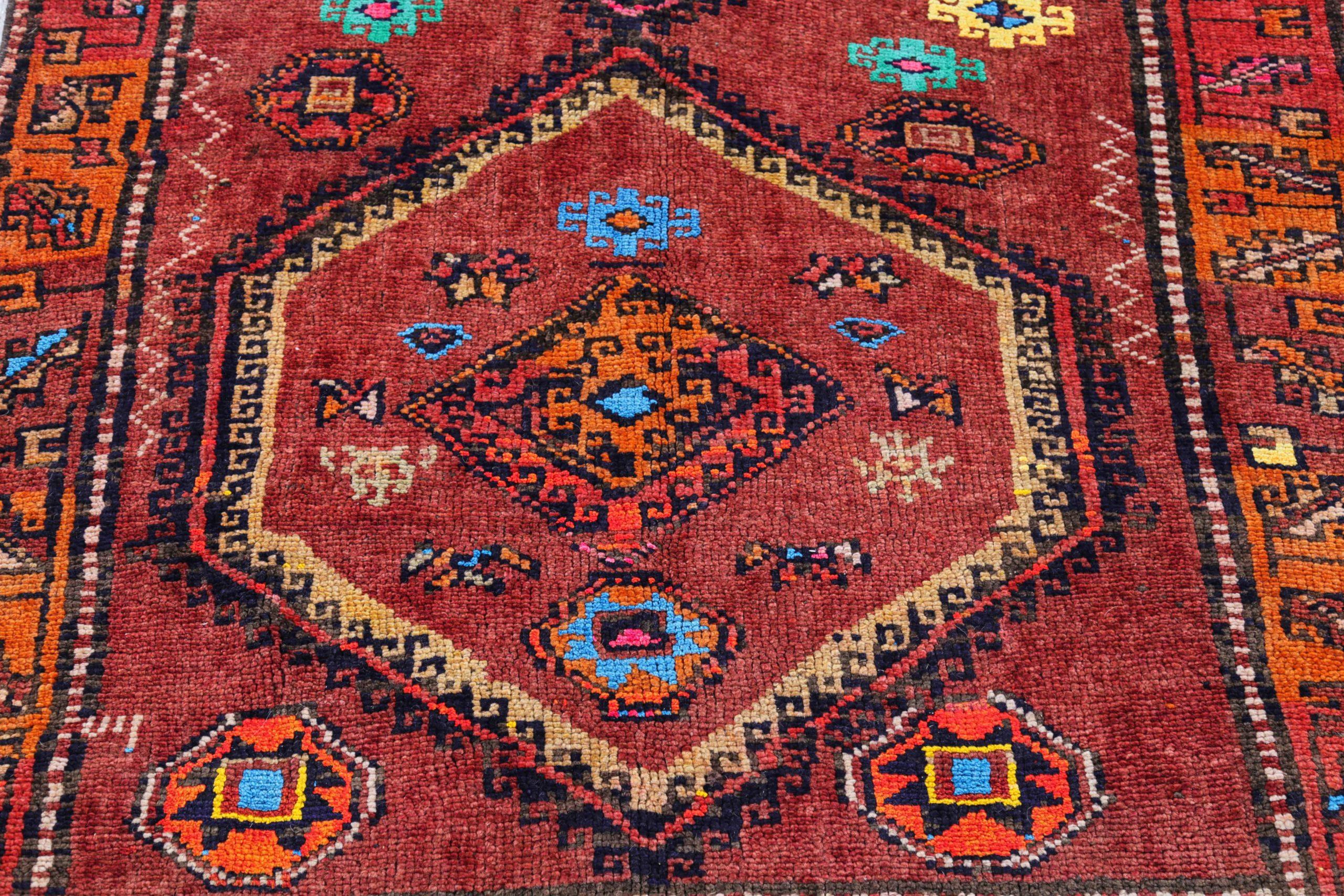 Tappeto persiano Azerbaijan Small Design - Lana Blu Arancione Rosso - 91104 In condizioni ottime in vendita a Dallas, TX