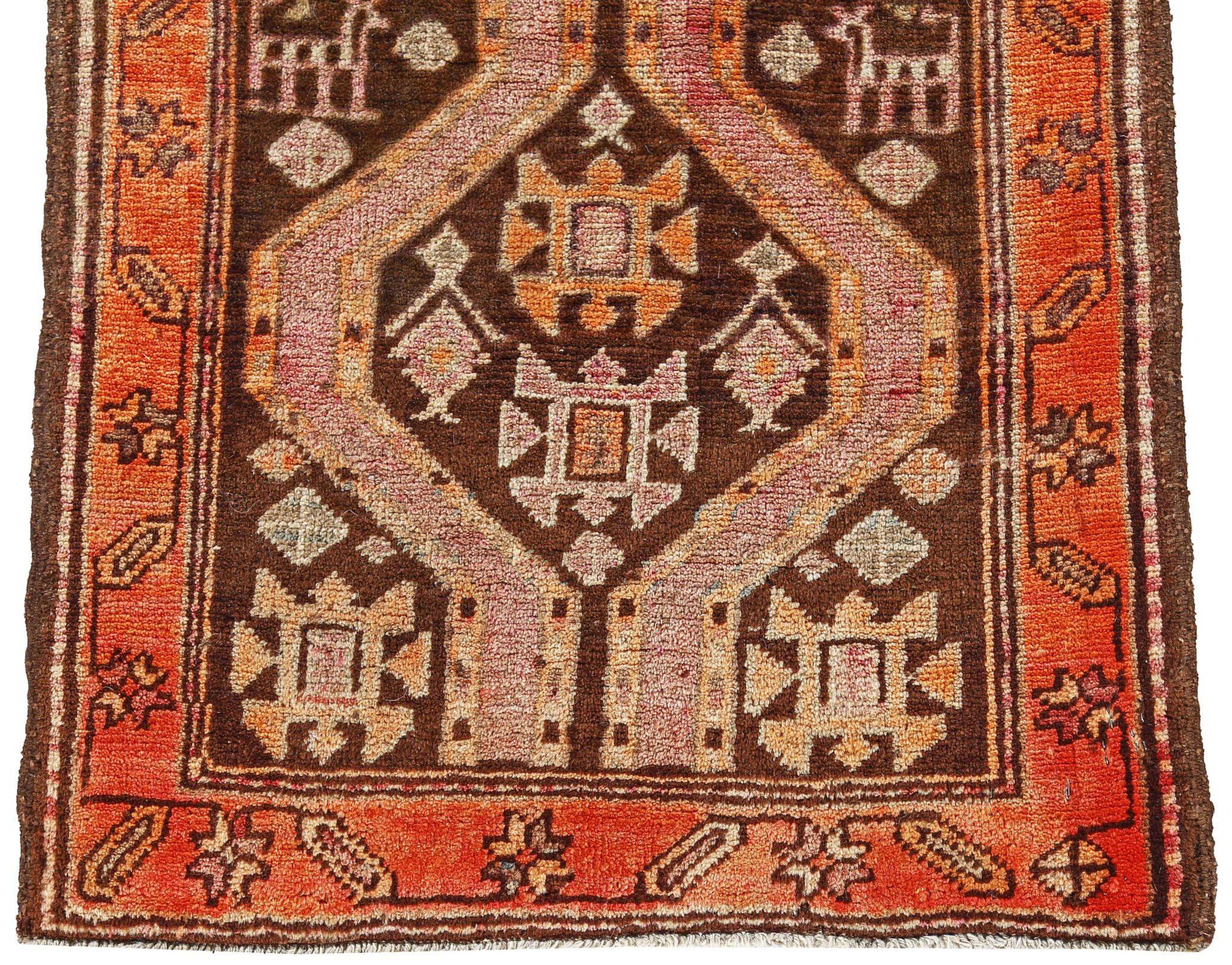 Asian Persian Azerbaijan Small Rug - Wool Brown Orange Pink Design - 91173 For Sale