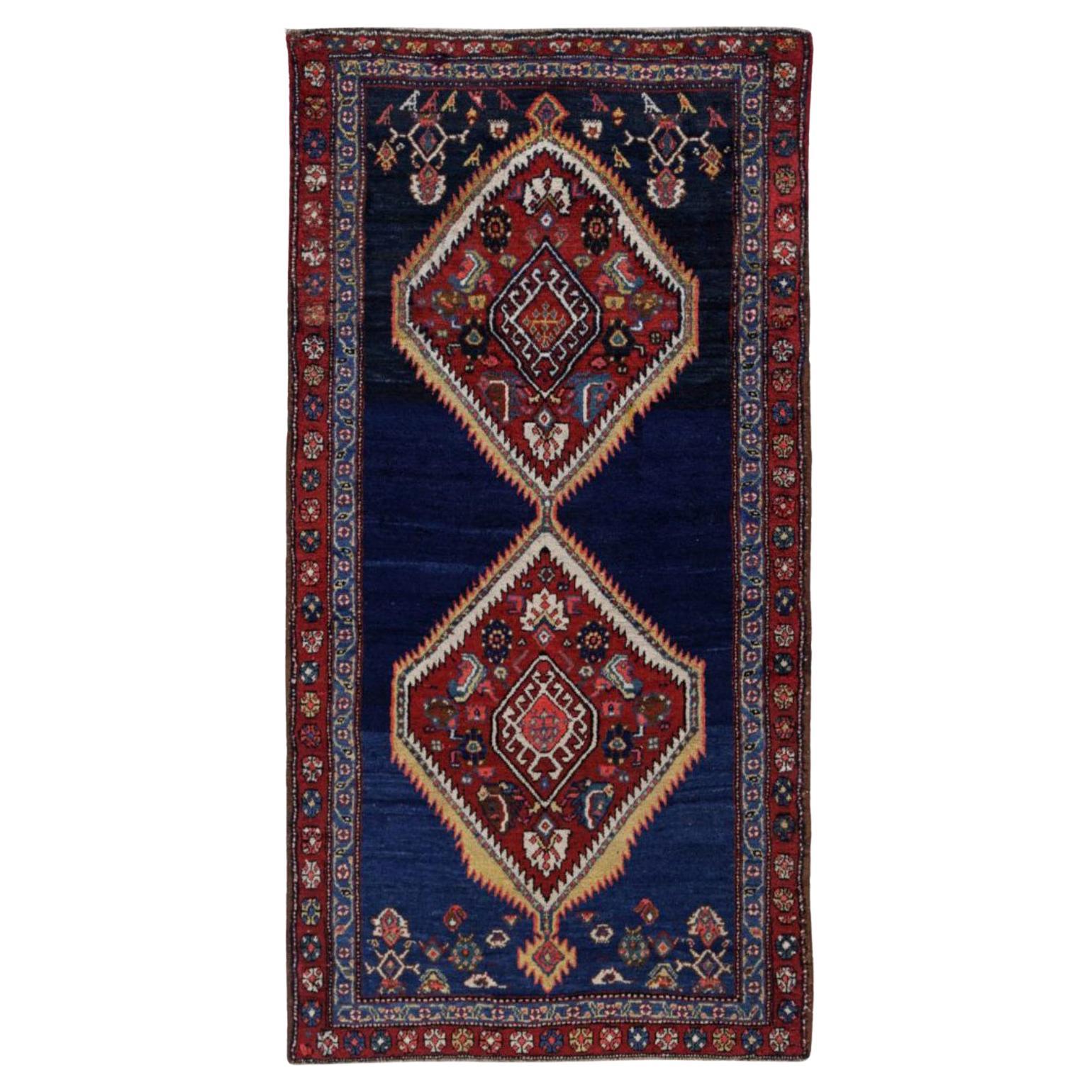Persian Azerbaijan Small Rug - Wool Navy Blue Red Yellow - 91597