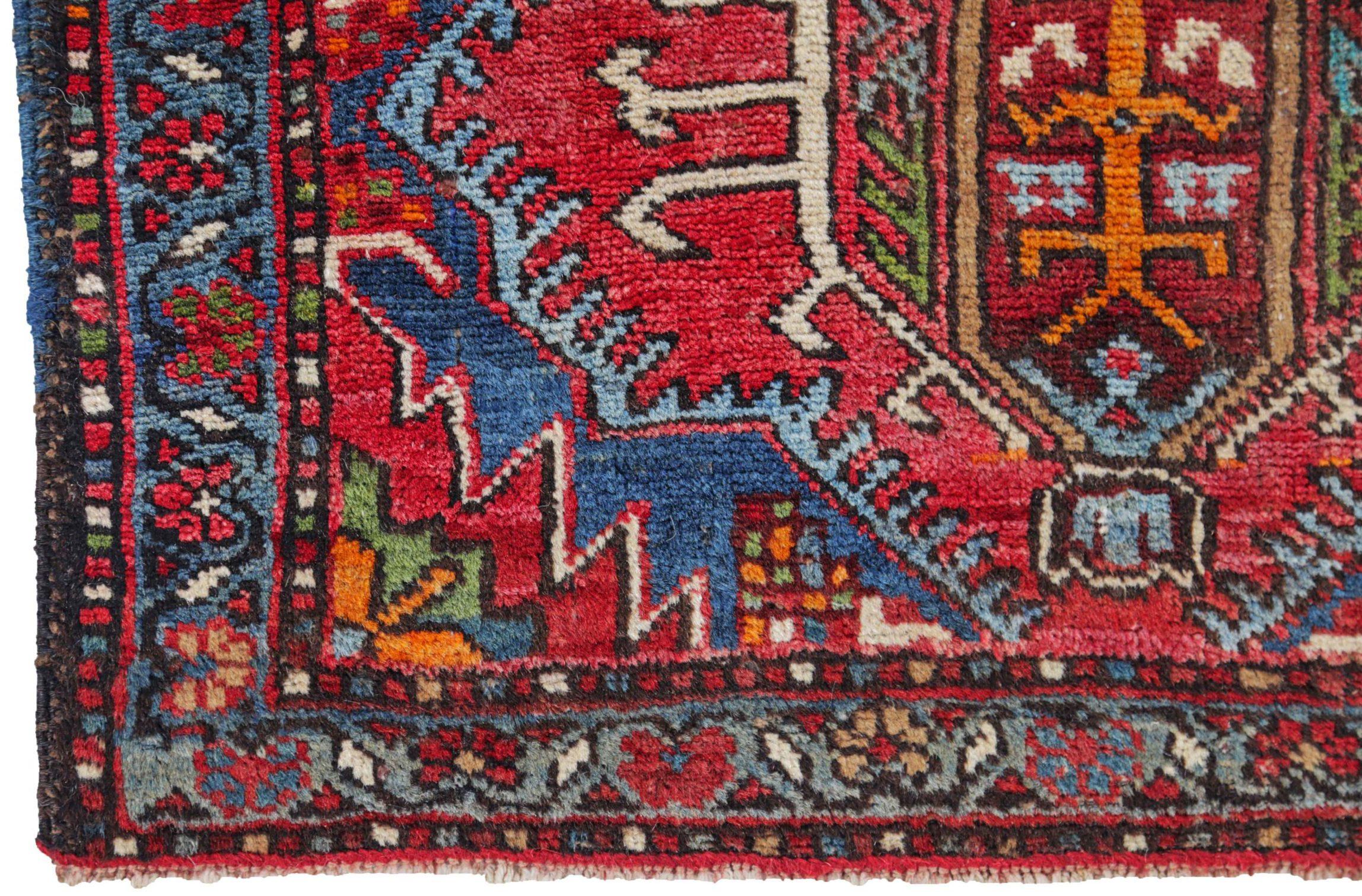 Persischer Aserbaidschanischer kleiner Teppich um 1910 - Wolle Blau Elfenbein Orange Rot - 91219 (Asiatisch) im Angebot