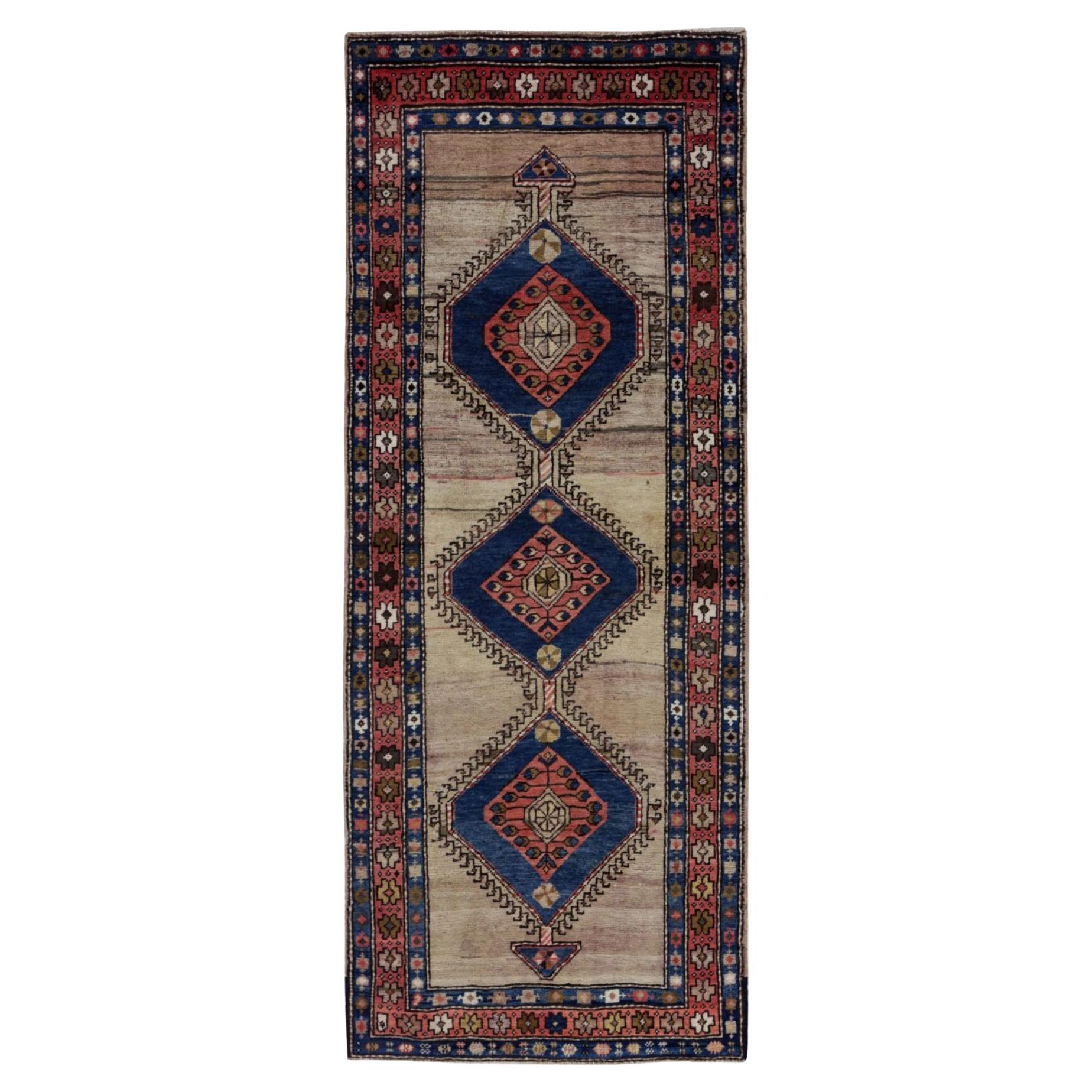Persischer Aserbaidschanischer kleiner Teppich um 1910 - Wolle Blau Elfenbein Rosa Design - 91620