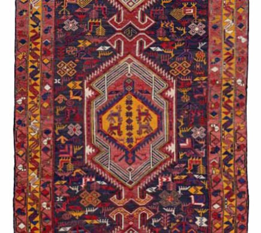 Persisch Aserbaidschan Kleiner Teppich CIRCA 1910 - Wolle Marineblau Rosa Rot Gelb - 91428 (Asiatisch) im Angebot