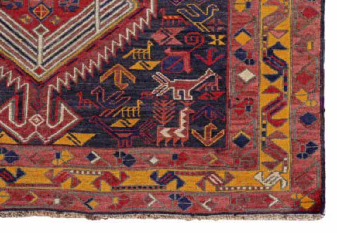 Persisch Aserbaidschan Kleiner Teppich CIRCA 1910 - Wolle Marineblau Rosa Rot Gelb - 91428 (20. Jahrhundert) im Angebot