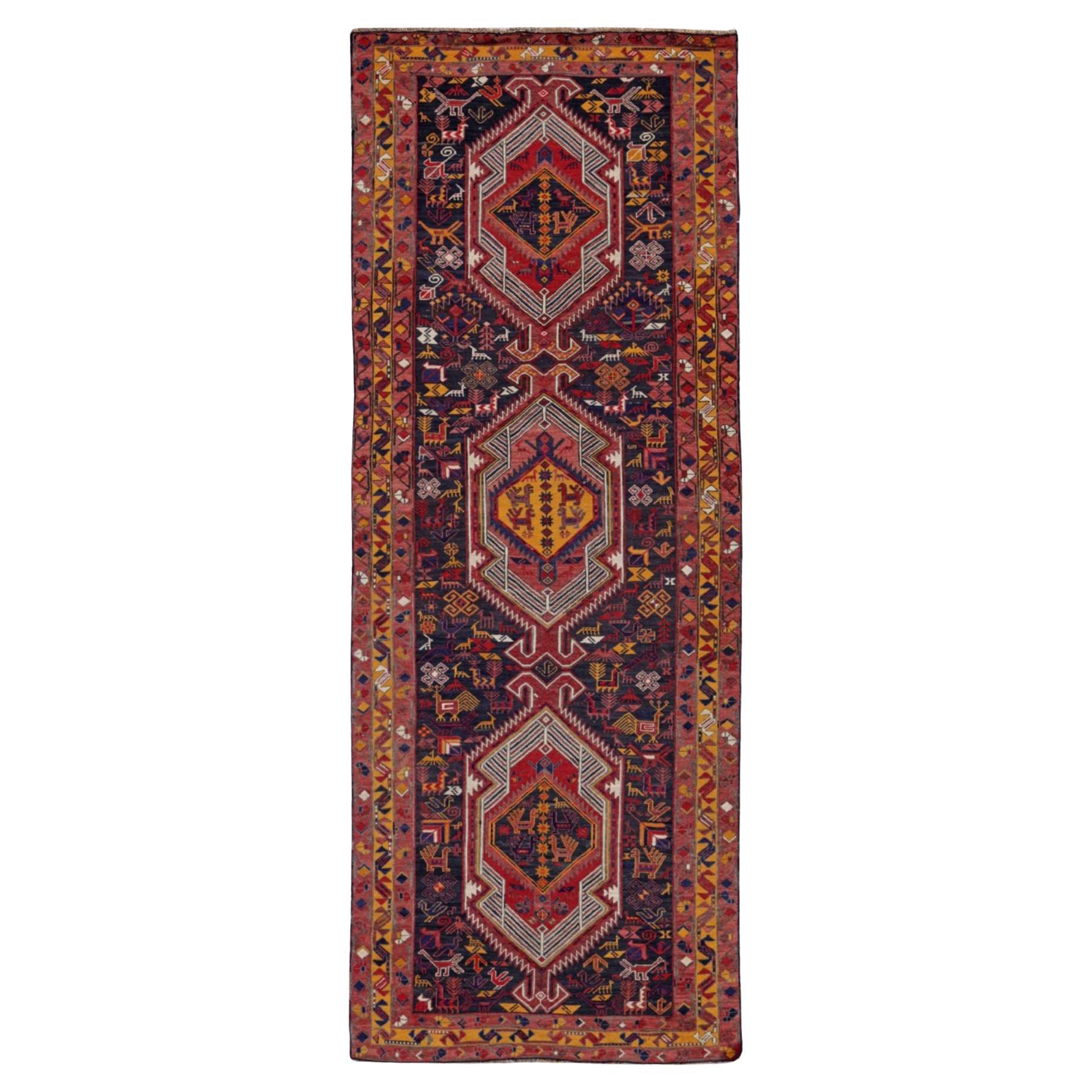 Persisch Aserbaidschan Kleiner Teppich CIRCA 1910 - Wolle Marineblau Rosa Rot Gelb - 91428