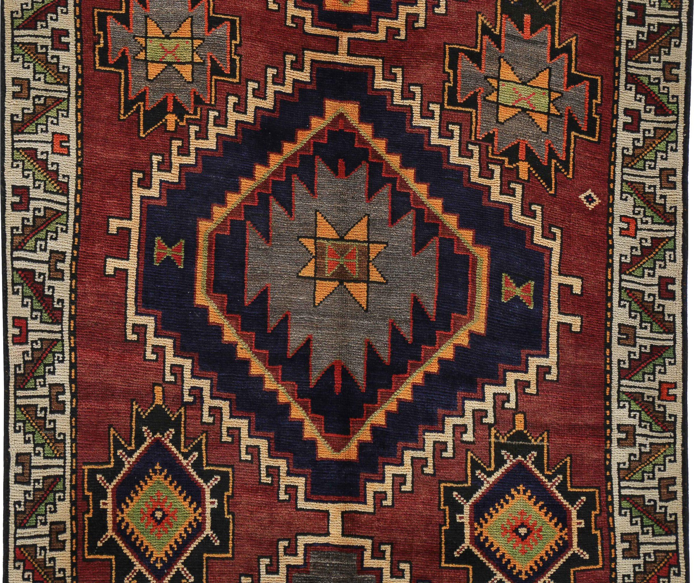 Persischer Aserbaidschan Kleiner Teppich CIRCA 1910 - Wolle Marineblau Rot Gelb - 89685 (Asiatisch) im Angebot