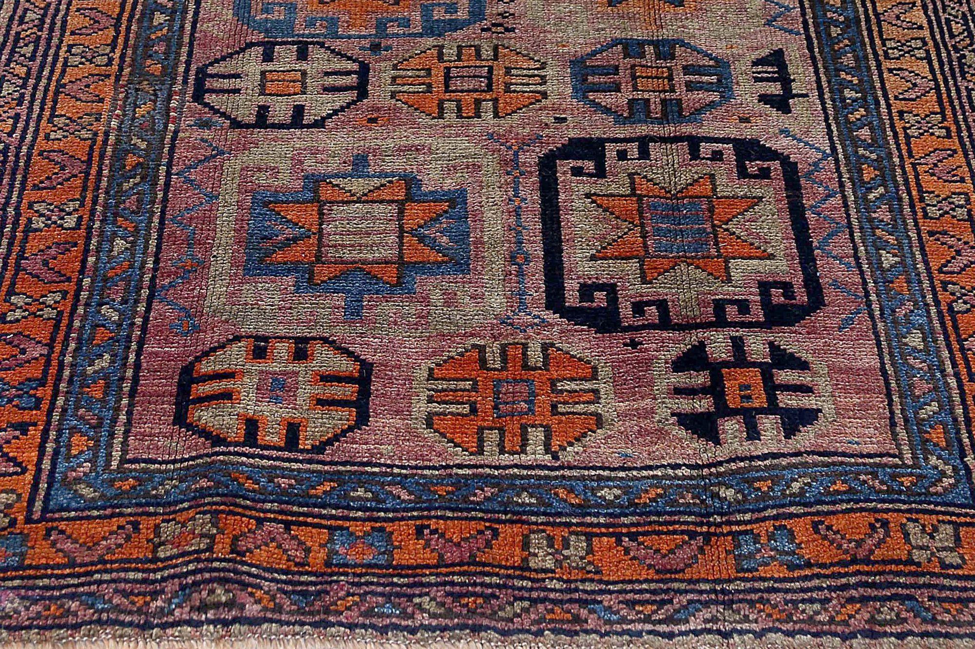 Tappeto Persiano Azerbaijan Piccolo - Lana Blu Avorio Arancione Rosa - 96664 In condizioni ottime in vendita a Dallas, TX