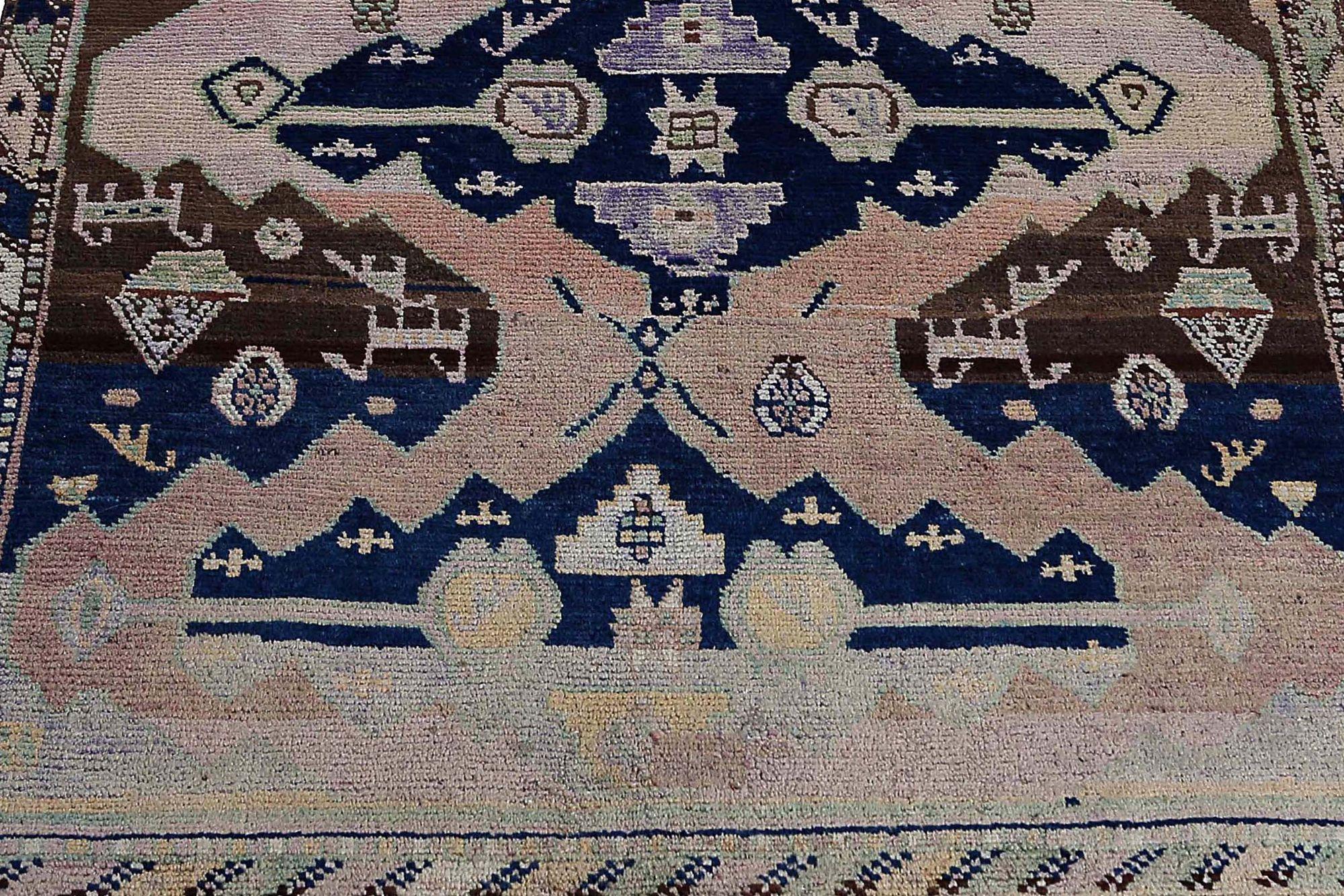 Tribale Tappeto Persiano Azerbaijan Piccolo - Lana Marrone Blu Navy Rosso - 97085 in vendita