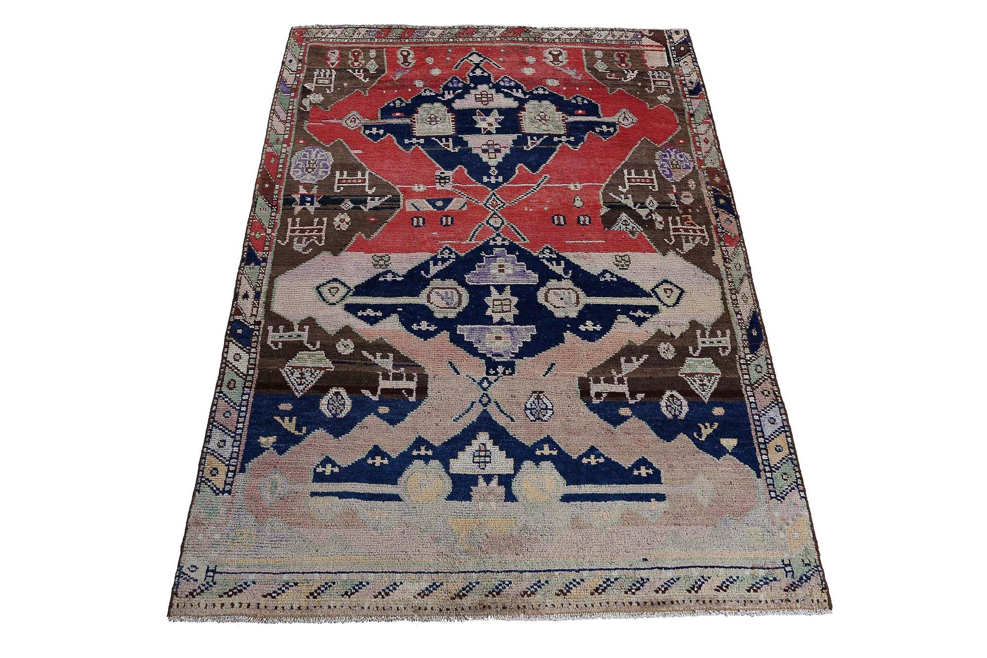 Iracheno Tappeto Persiano Azerbaijan Piccolo - Lana Marrone Blu Navy Rosso - 97085 in vendita
