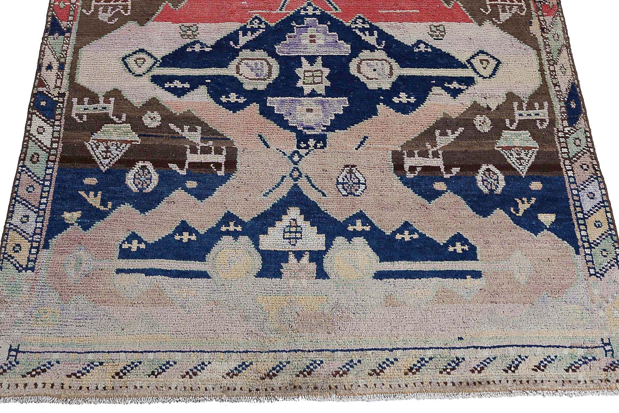 Tappeto Persiano Azerbaijan Piccolo - Lana Marrone Blu Navy Rosso - 97085 In condizioni ottime in vendita a Dallas, TX
