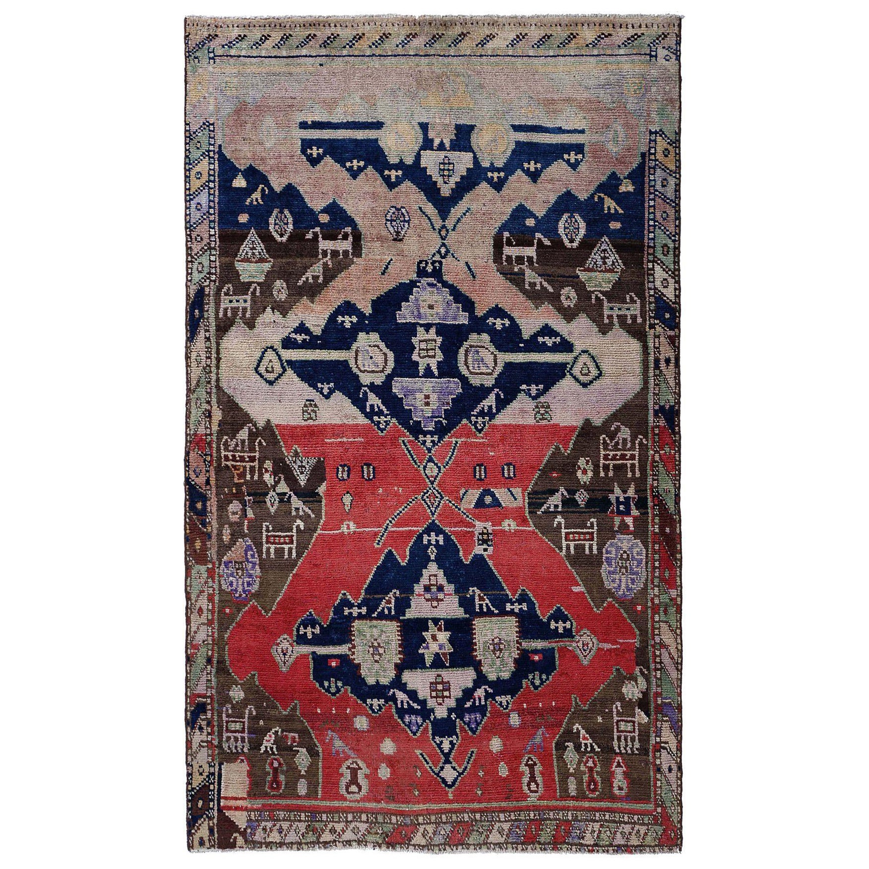 Persischer Aserbaidschan Kleiner Teppich - Wolle Braun Marineblau Rot - 97085 im Angebot