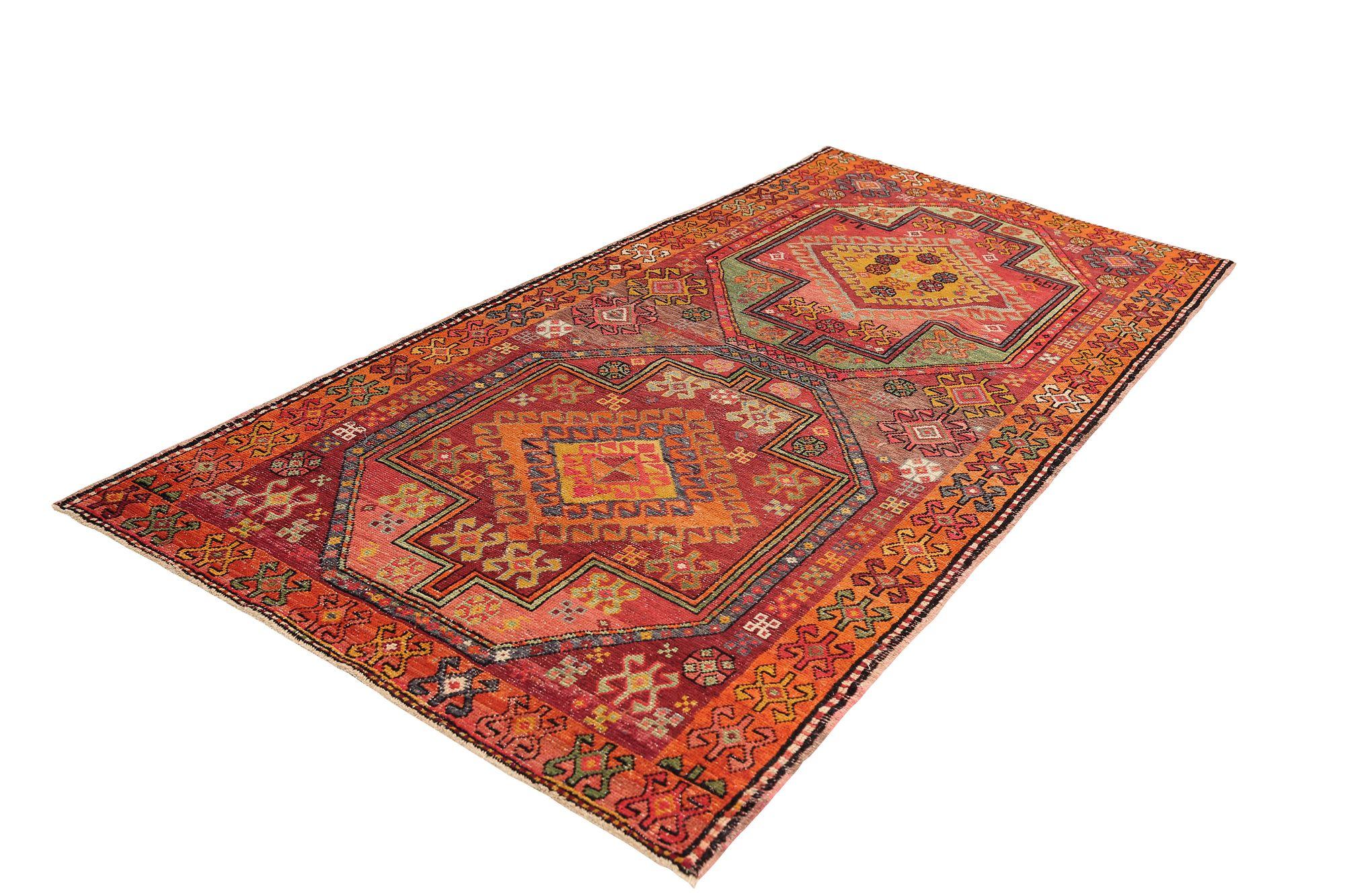 Persischer Aserbaidschan Kleiner Teppich - Wolle Orange Rosa Rot Gelb - 97117 im Zustand „Hervorragend“ im Angebot in Dallas, TX