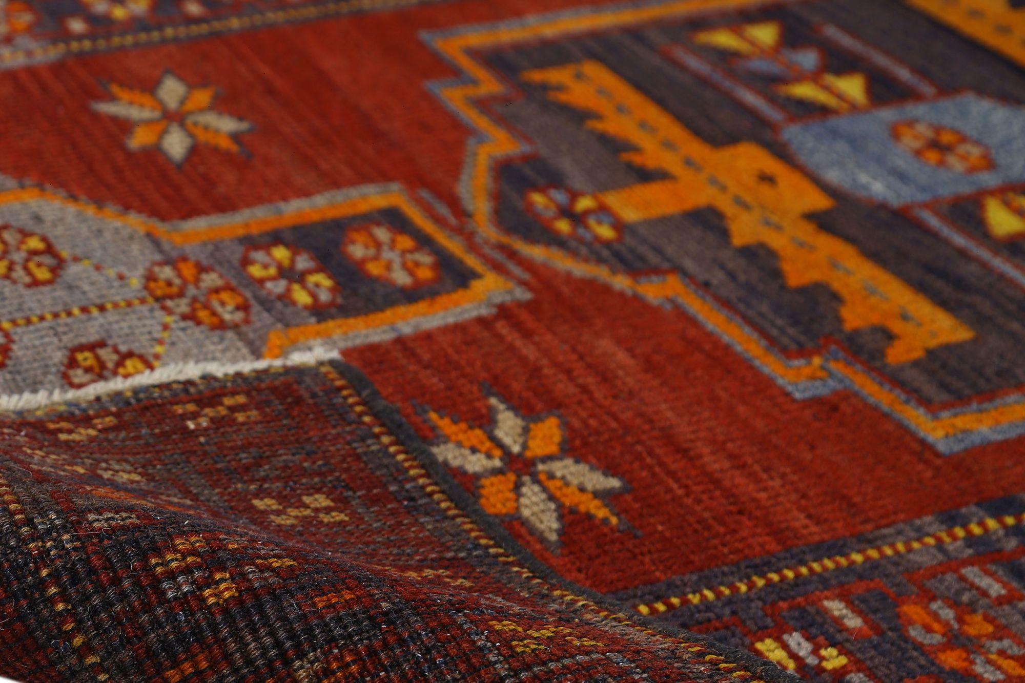 Irakien Petit tapis persan d'Azerbaïdjan - Design en laine rouge jaune - 96916 en vente