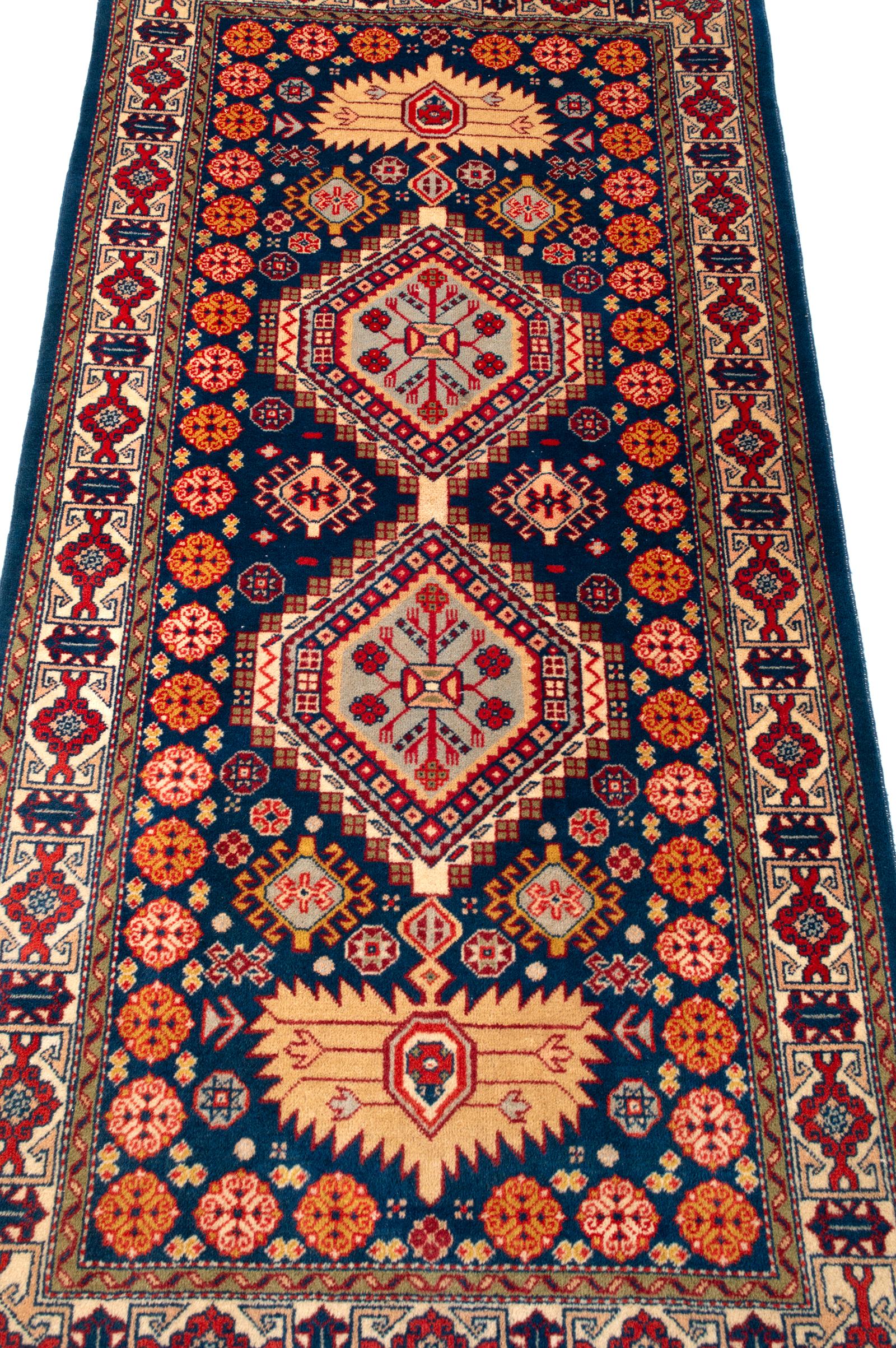 Wool Persian Azerbaijani Hand-Knotted Rug Runner Geometric Design For Sale