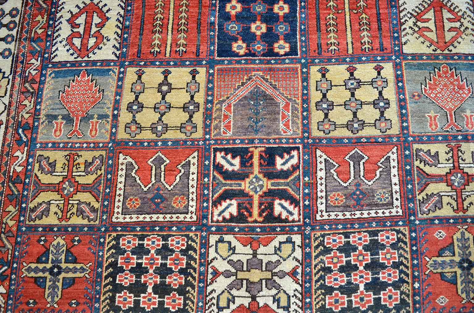 Vegetable Dyed Antique 1900s Wool Persian Bakhtiari Rug by Olad, Garden Motif, 7' x 13' For Sale
