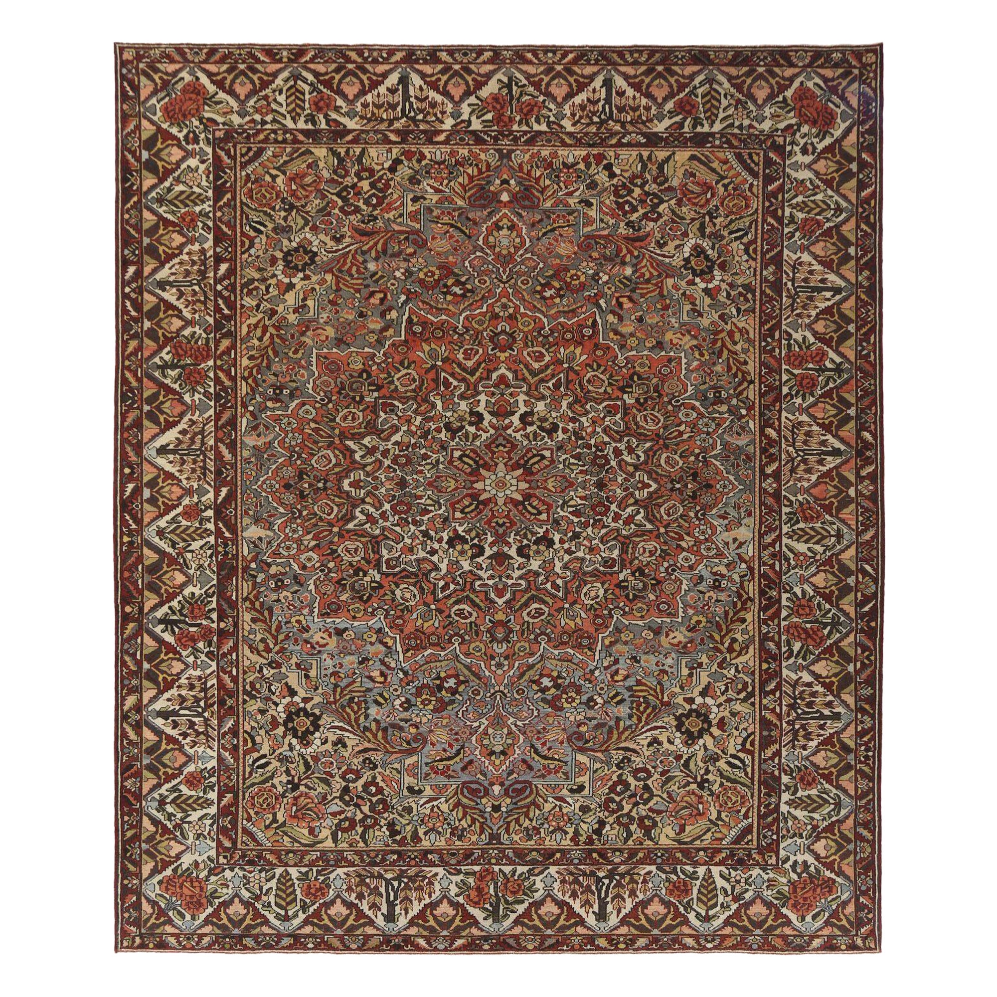 Tapis persan Bakhtiari surdimensionné en laine bleu ivoire rouge motif - 96717