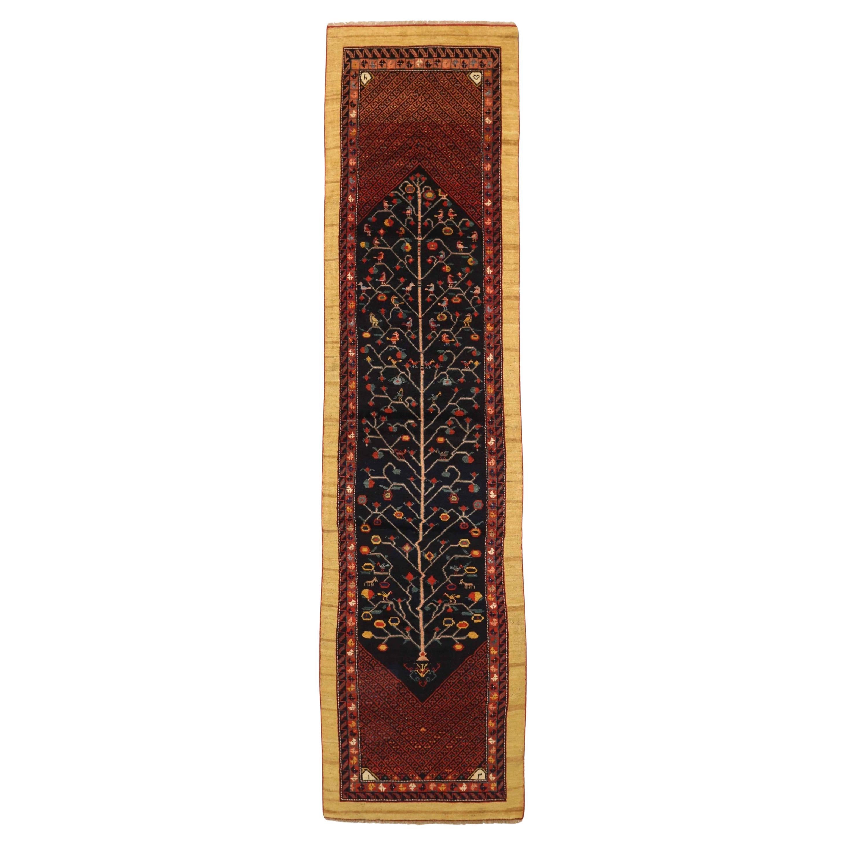 Persian Bakhtiari Runner Rug Circa 1910 - Wool Black Red Yellow 72662 For Sale