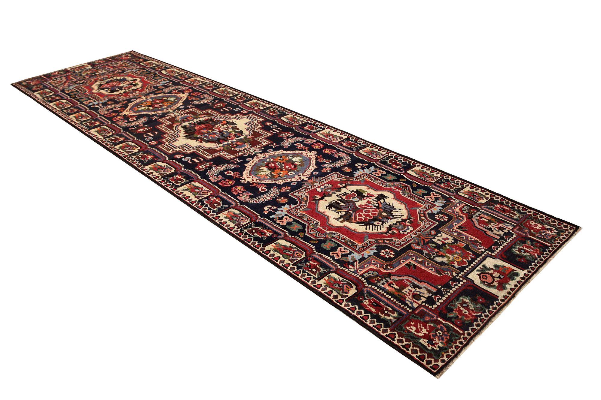 Persische Bakhtiari Läufer Teppich - Wolle Schwarz Braun Elfenbein Rot - 97978 (Stammeskunst) im Angebot