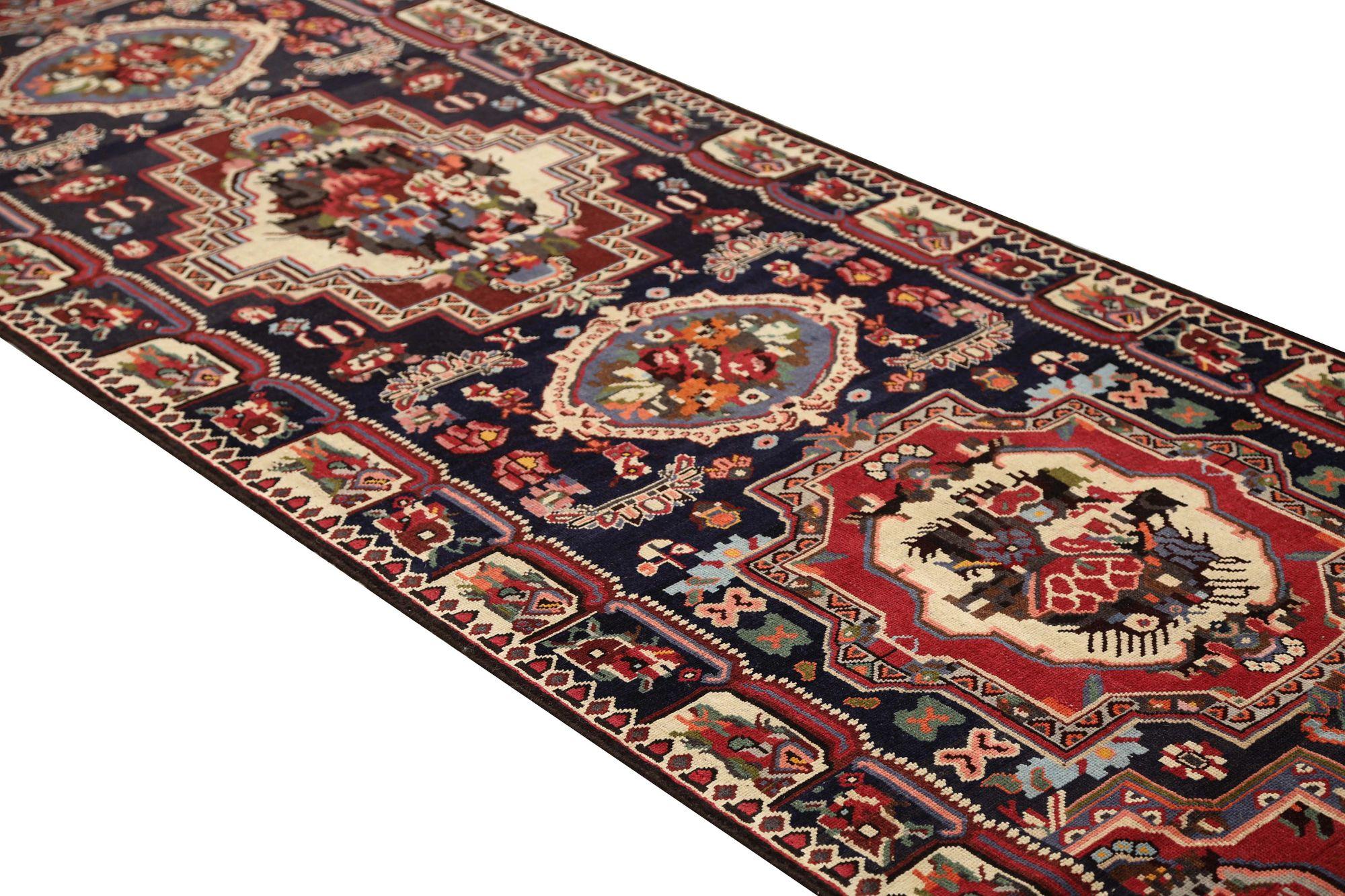 Persische Bakhtiari Läufer Teppich - Wolle Schwarz Braun Elfenbein Rot - 97978 (Irakisch) im Angebot