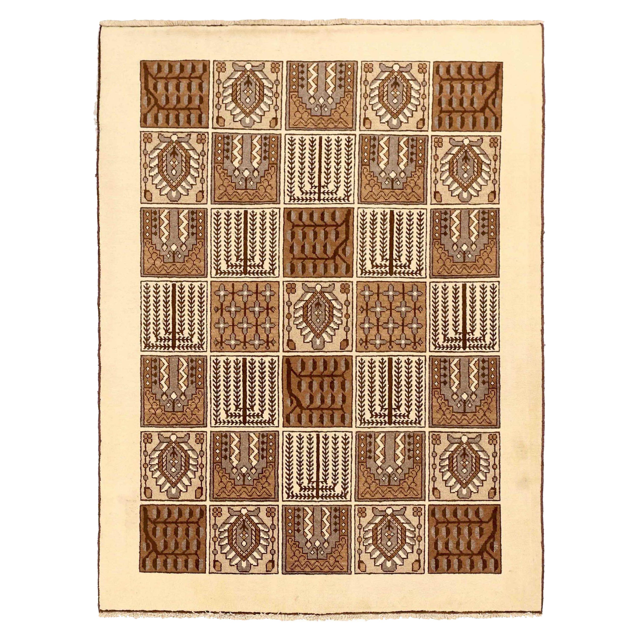 Petit tapis persan Bakhtiari Circa 1970 - Soie Brown Ivory 72233 en vente