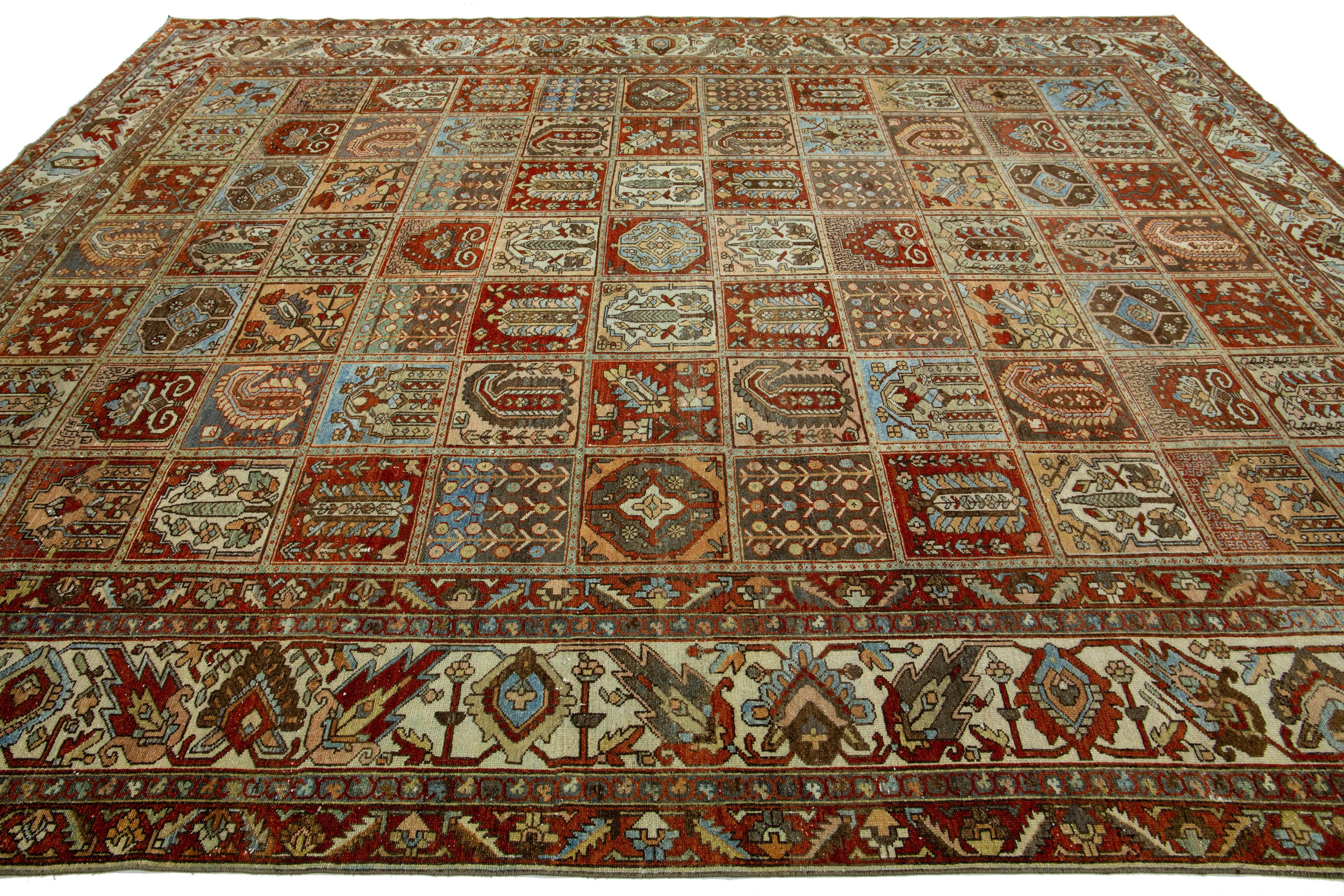 Hand-Knotted Persian Bakhtiari Wool Rug  Antique With Allover Multicolor Motif  For Sale