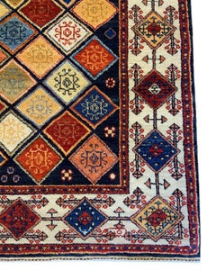 Persian Bakhtiari Wool Rug, Blue, Cream, Green, Red Geometric Design, 4x6