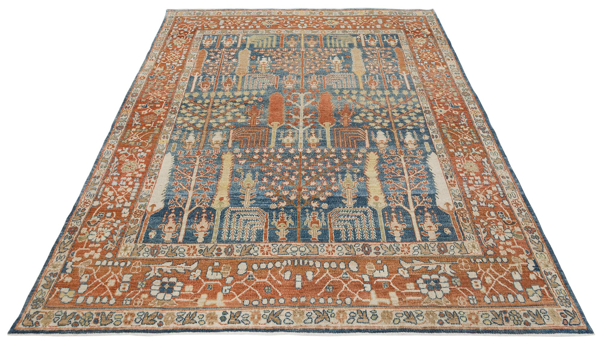 Contemporary Persian Bakshaish Rug in Navy Blue and Rust For Sale