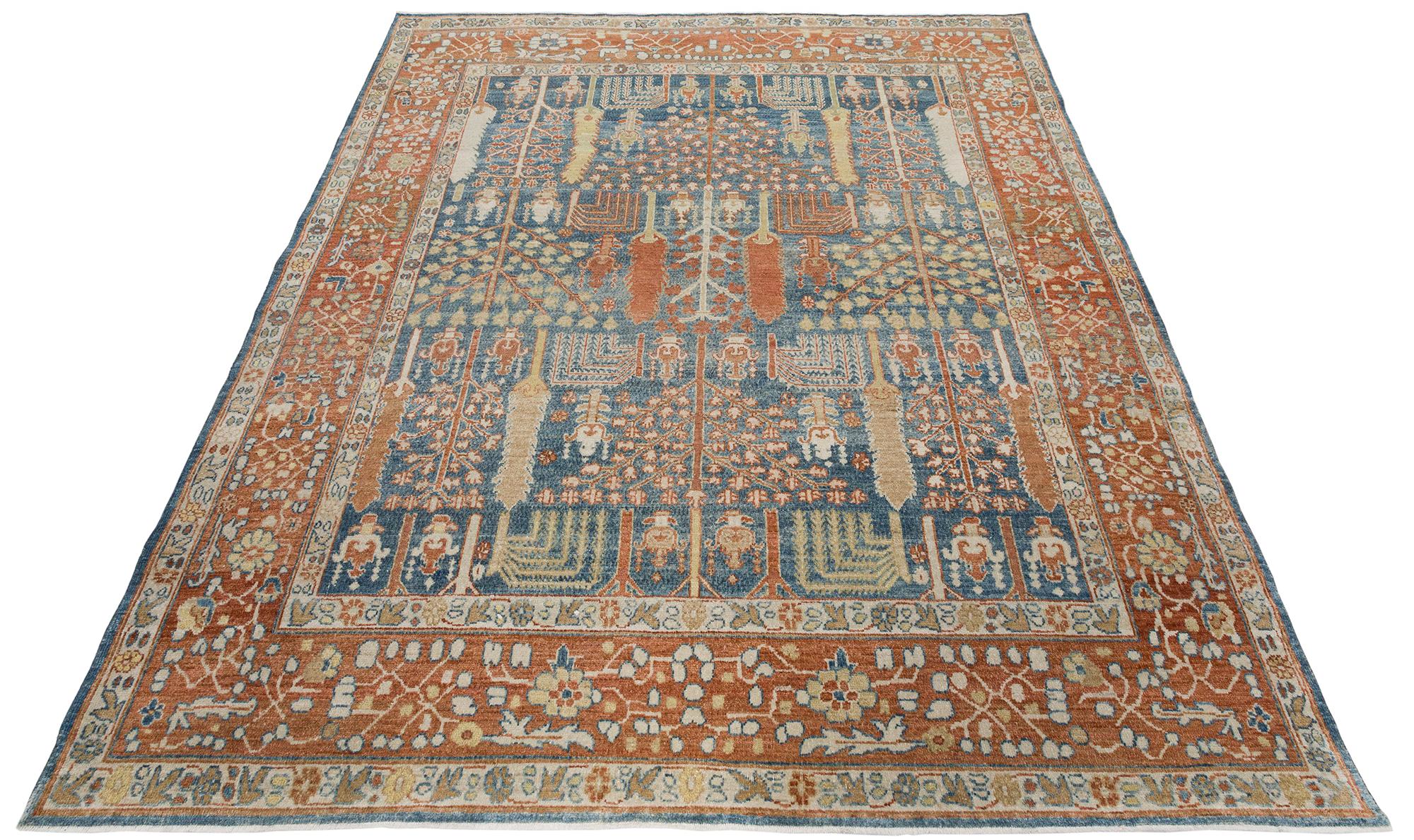Wool Persian Bakshaish Rug in Navy Blue and Rust For Sale