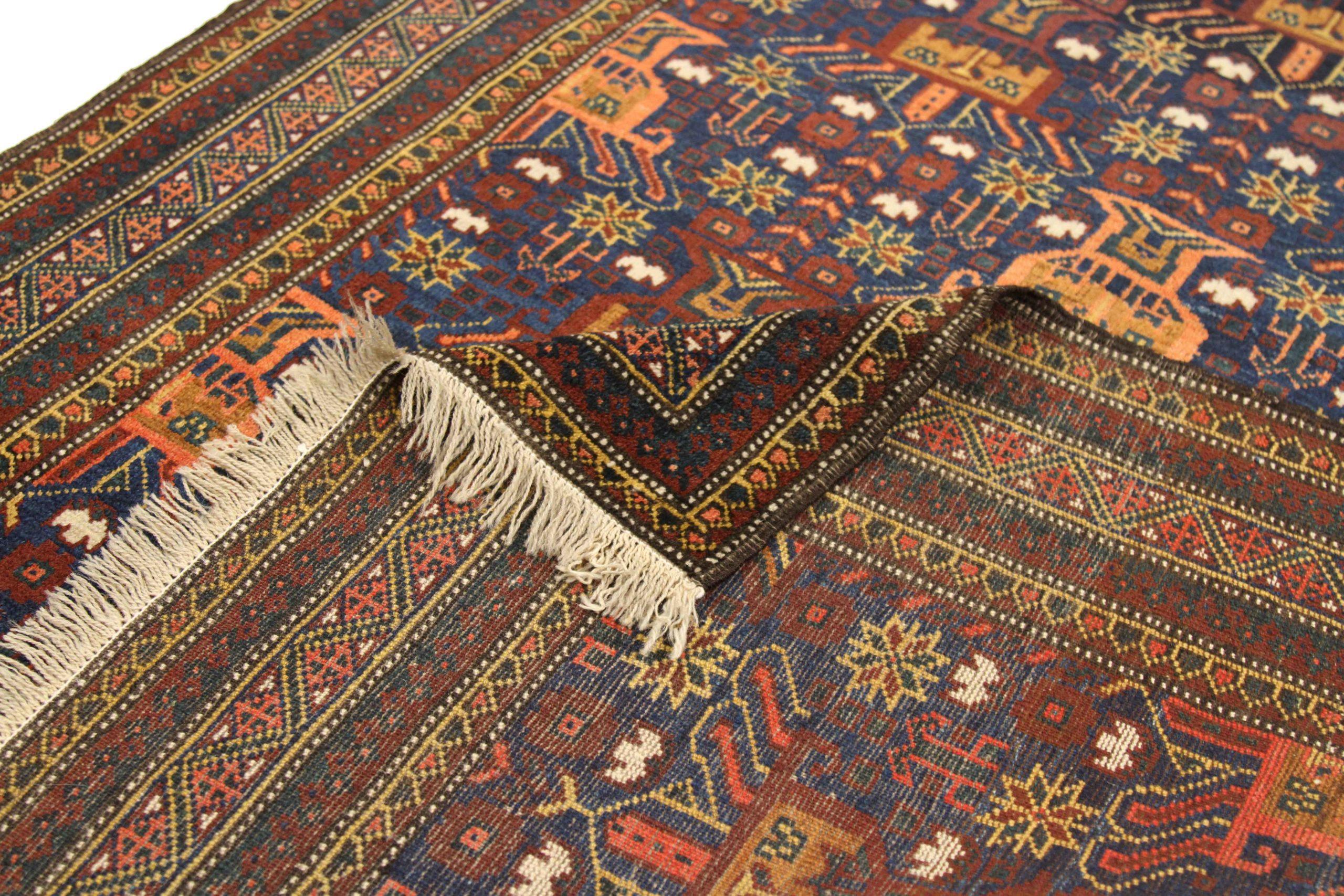 Asian Persian Balouch Small Rug - Wool Navy Blue Orange Red Design - 75098 For Sale