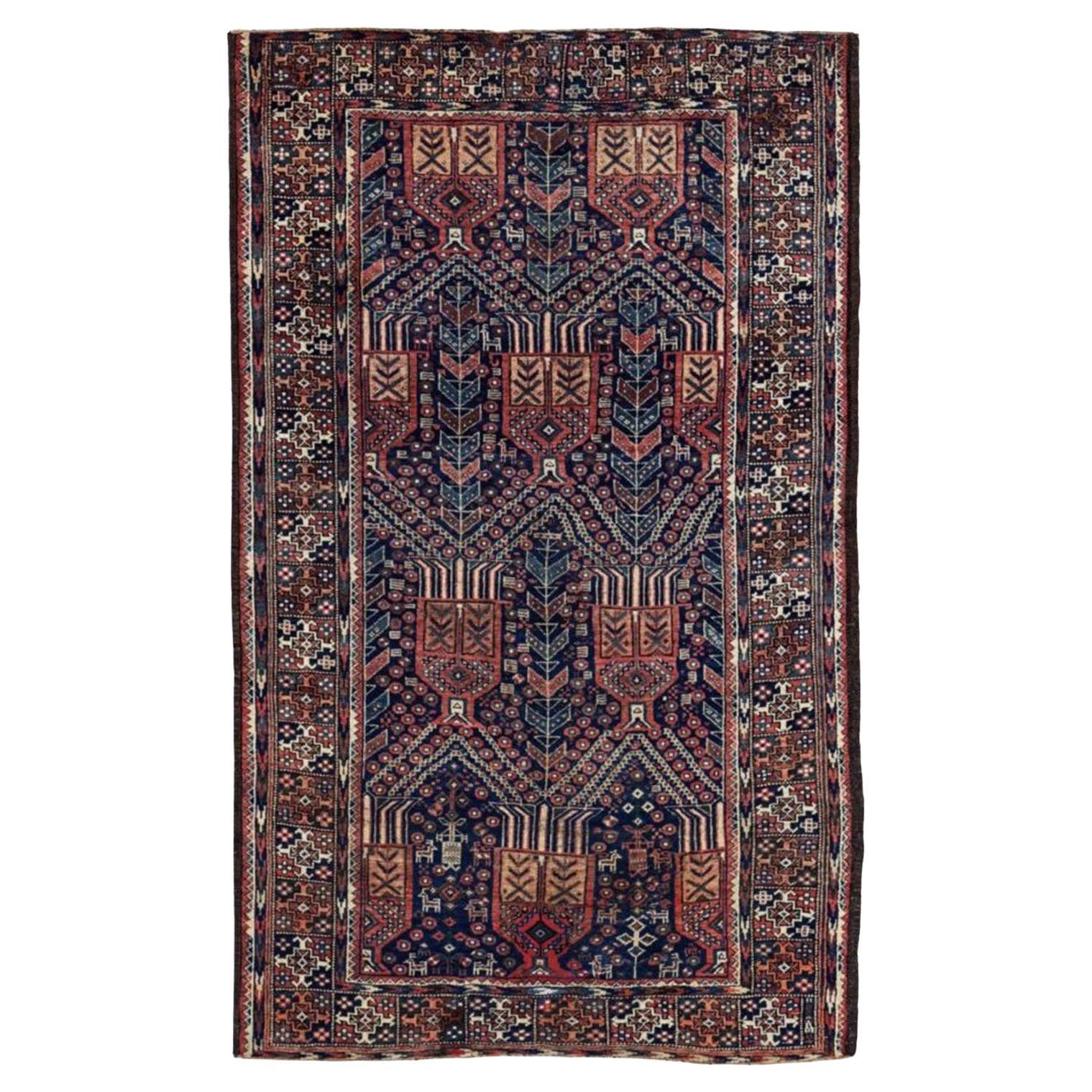 Persischer Balouch Kleiner Teppich Circa 1910 - Wolle Blau Elfenbein Marineblau Blau Rot - 91232