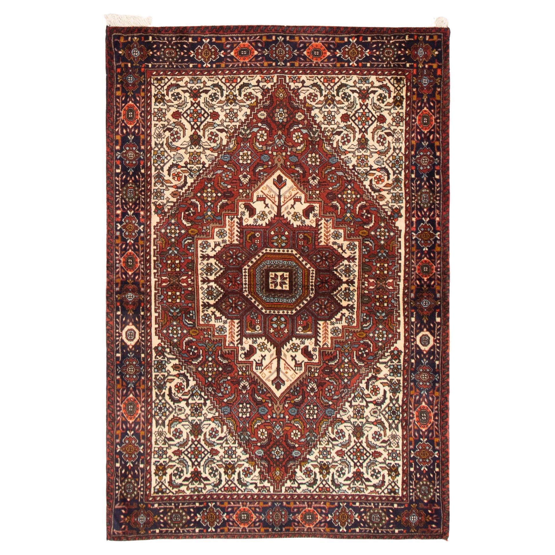 Hand-knotted, Vintage Wool Persian Bidgeneh Rug, Red and Cream, 3' x 5'