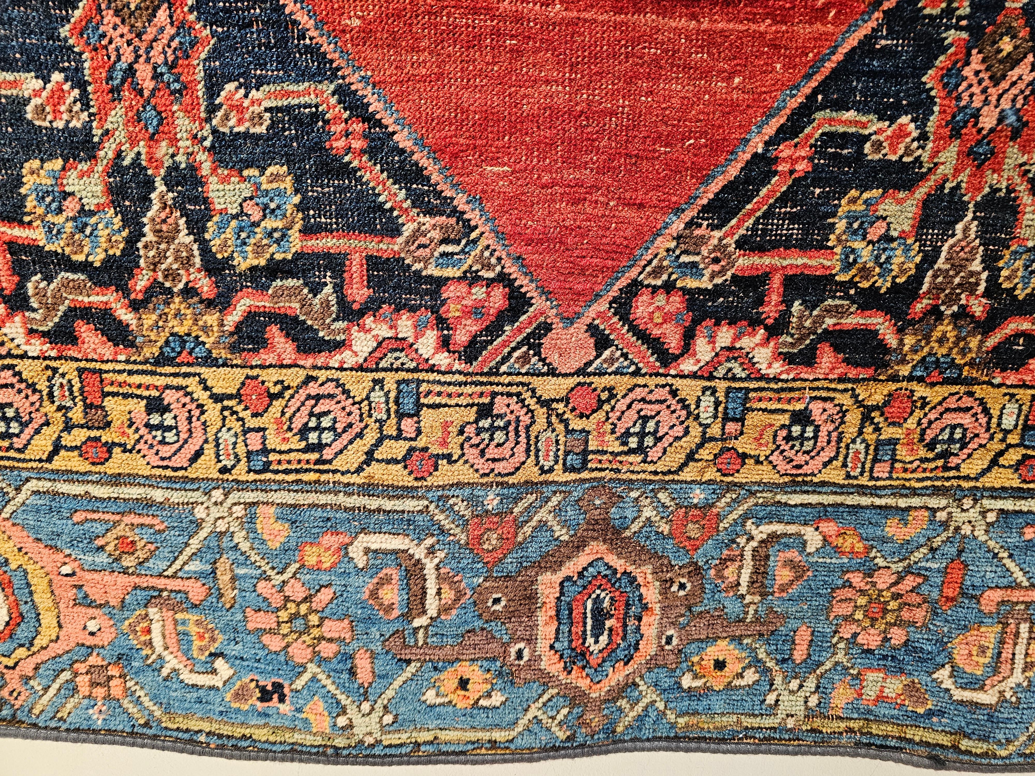Wool Persian Bidjar Area Rug in Geometric Pattern in Carnelian Red, Robin’s Egg Blue For Sale