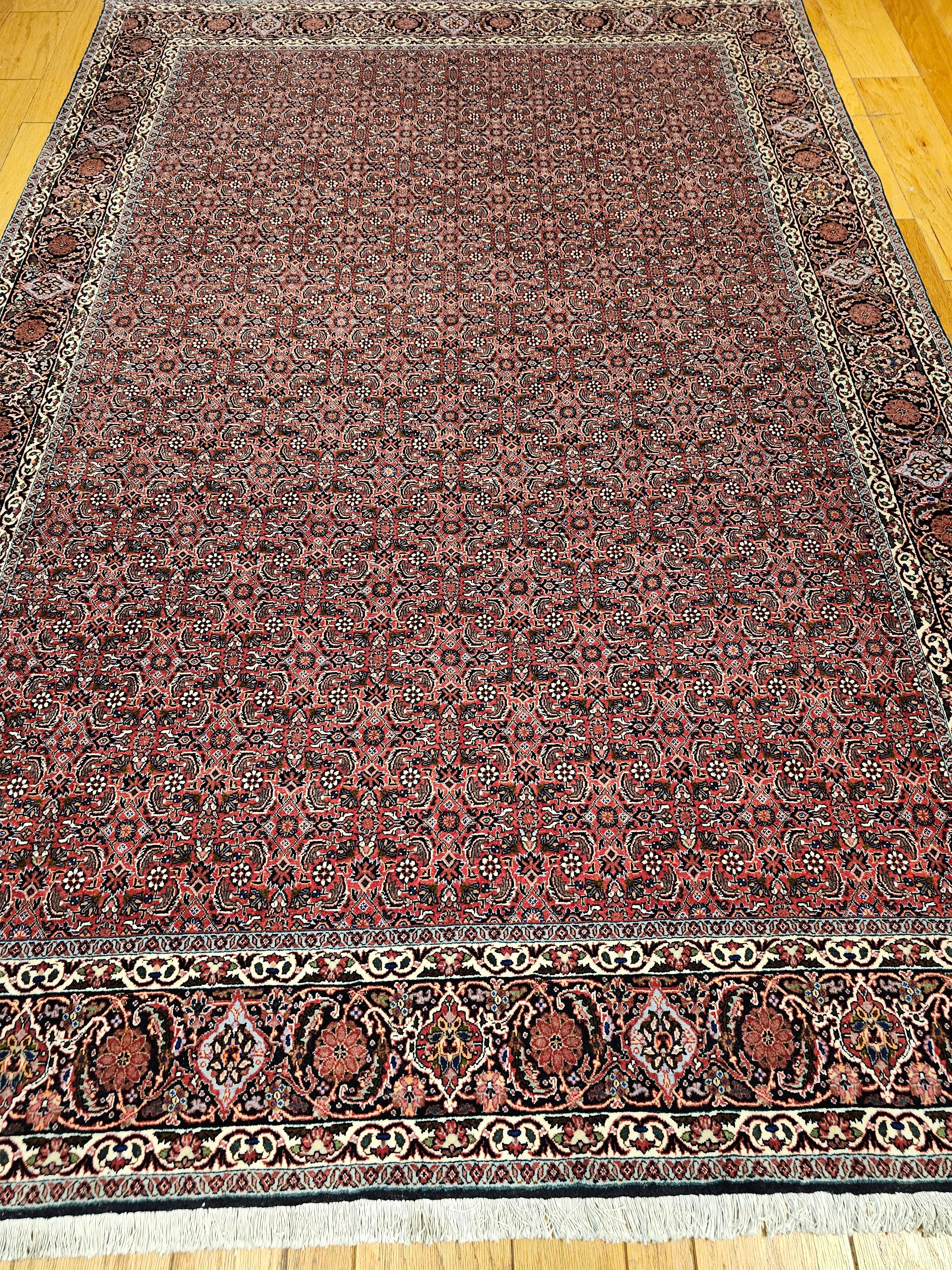 Persian Bidjar in Allover Herati Geometric Pattern in Dark Red, Navy Blue, Ivory For Sale 6