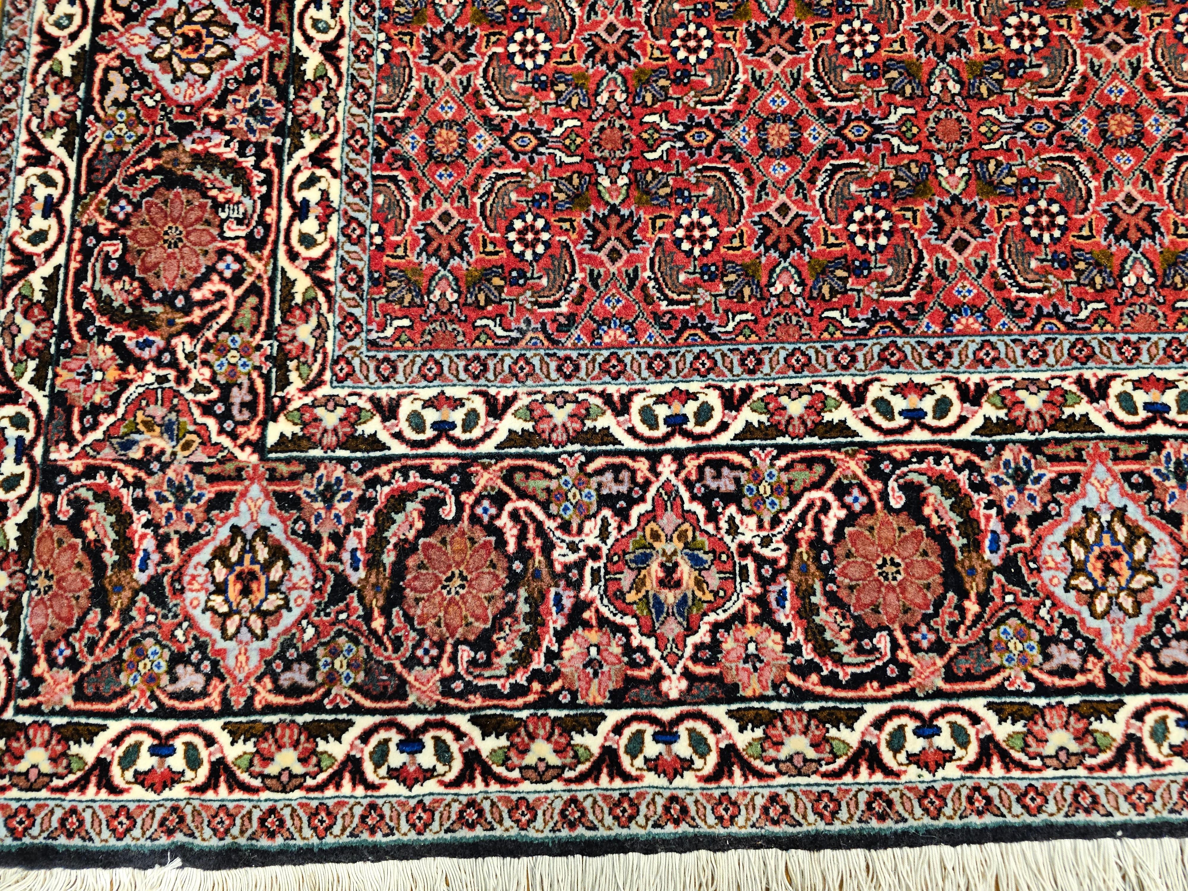 Persian Bidjar in Allover Herati Geometric Pattern in Dark Red, Navy Blue, Ivory For Sale 12