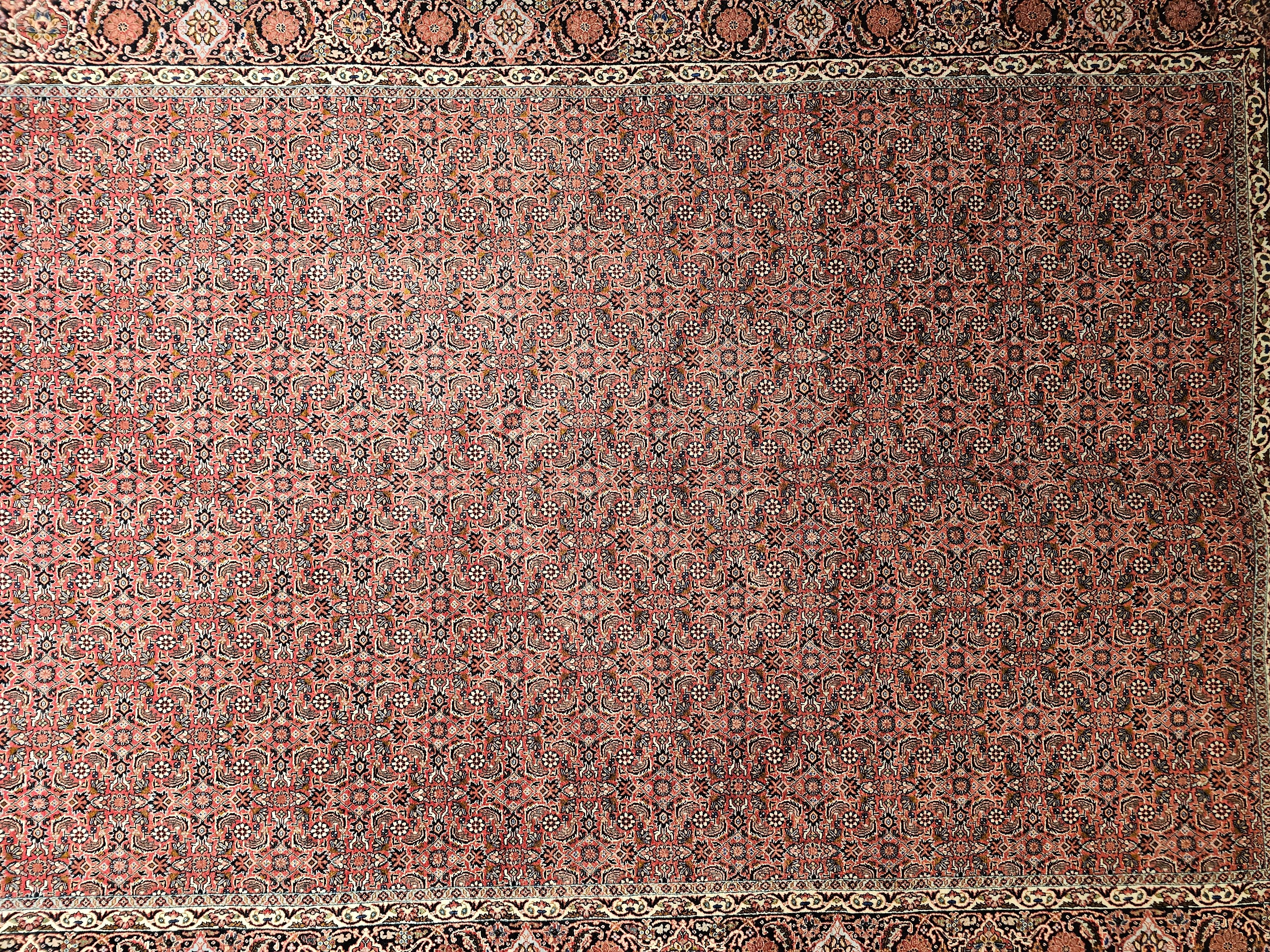 Hand-Woven Persian Bidjar in Allover Herati Geometric Pattern in Dark Red, Navy Blue, Ivory For Sale