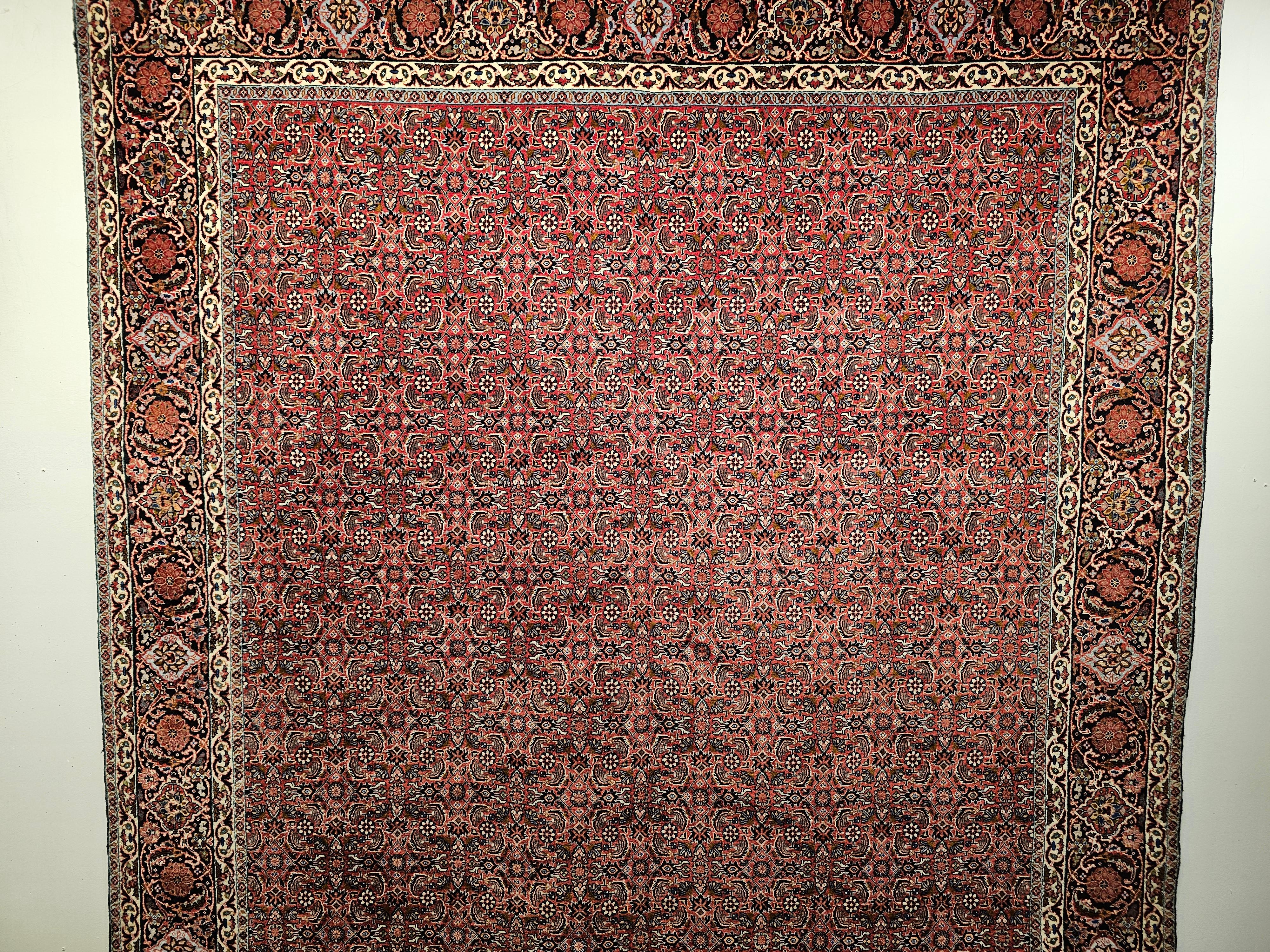 Persian Bidjar in Allover Herati Geometric Pattern in Dark Red, Navy Blue, Ivory In Good Condition For Sale In Barrington, IL