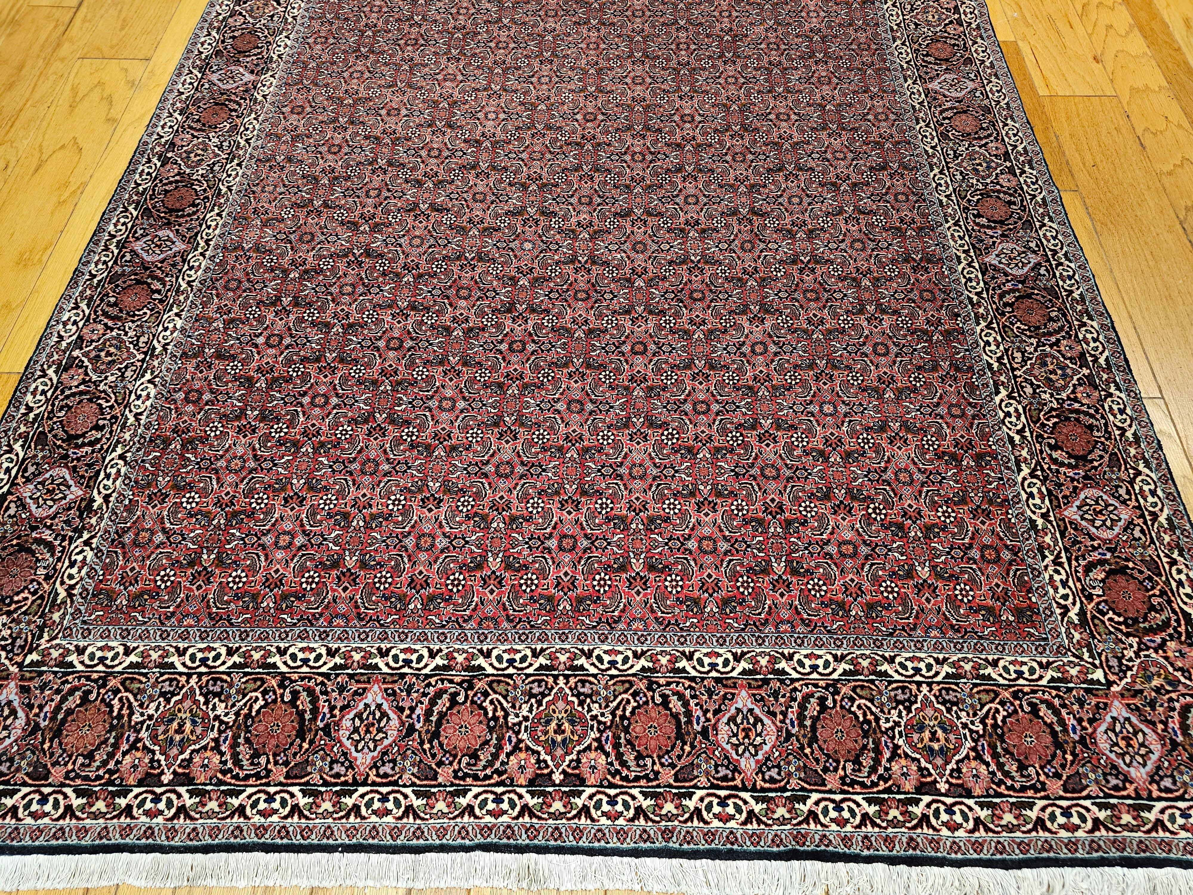 Persian Bidjar in Allover Herati Geometric Pattern in Dark Red, Navy Blue, Ivory For Sale 3