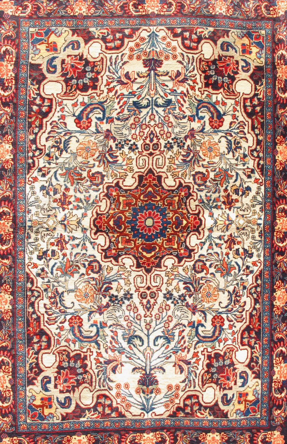 Hand-Knotted Persian Bidjar Vintage Small Rug in Ivory Background and Classic Design For Sale