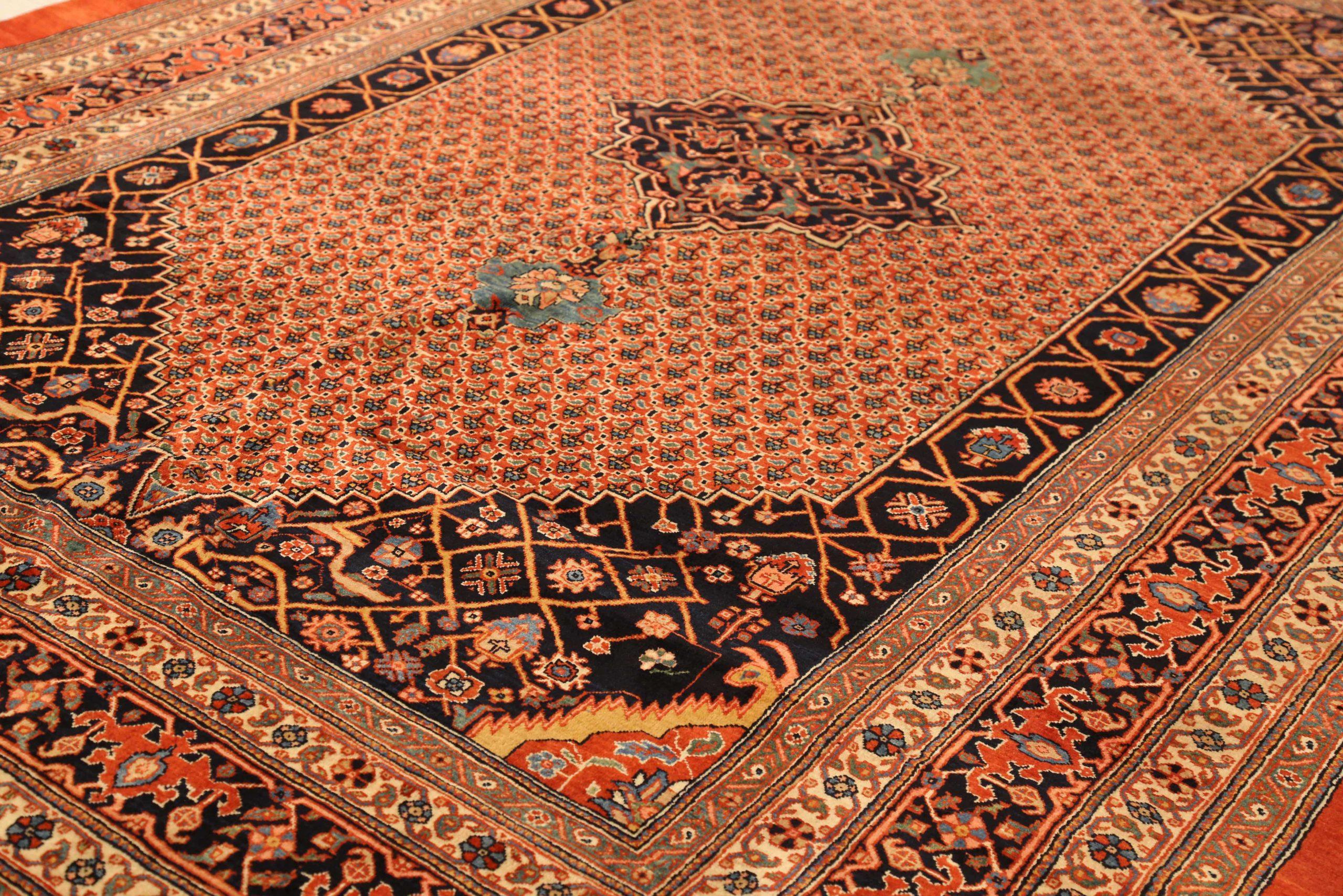 Asian Persian Bijar Area Rugs Circa 1910 - Wool Ivory Navy Blue Red 72366 For Sale