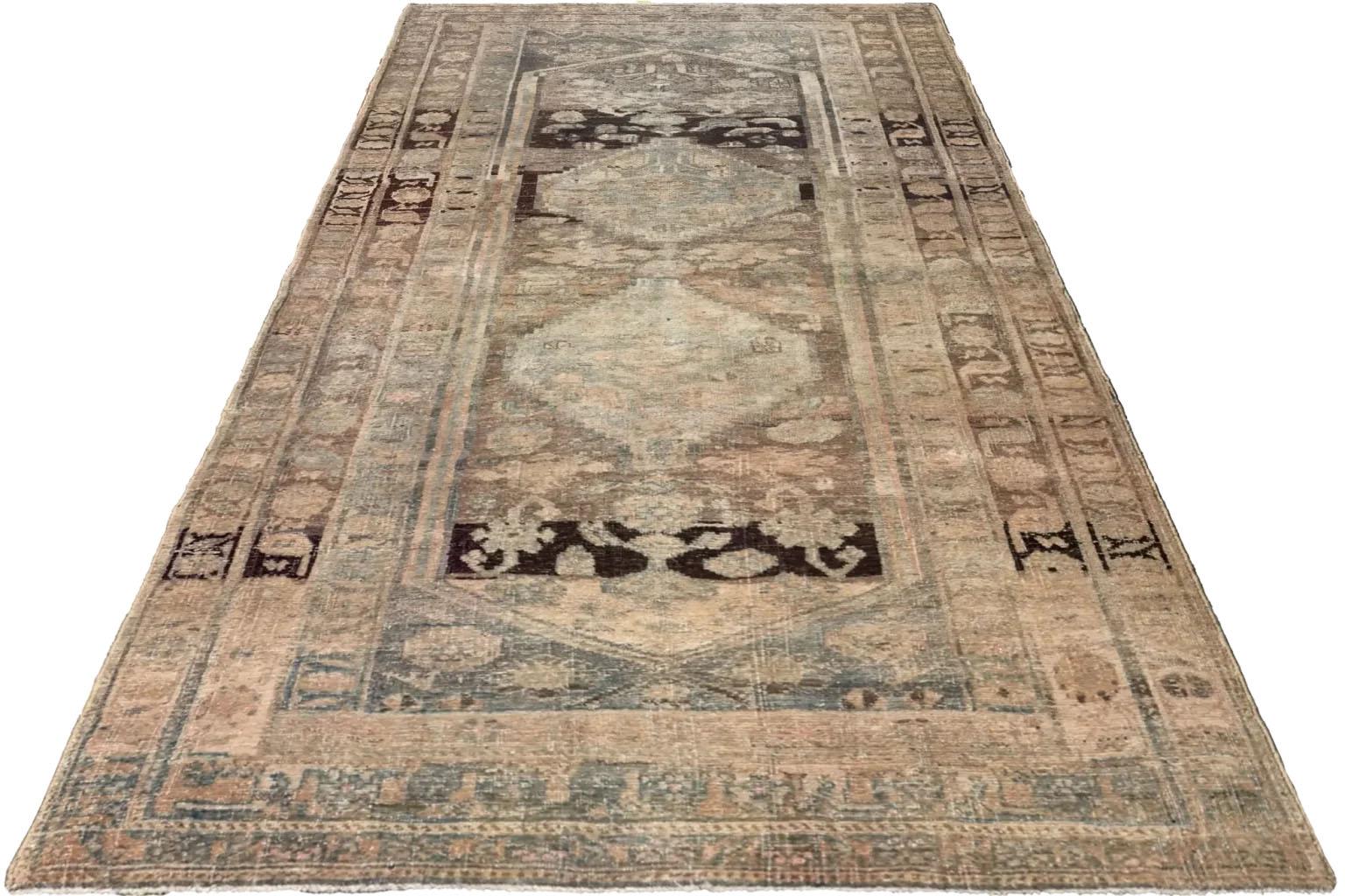 Tribal Persian Area Rug - Brown Ivory Light Blue - Bijar Design For Sale