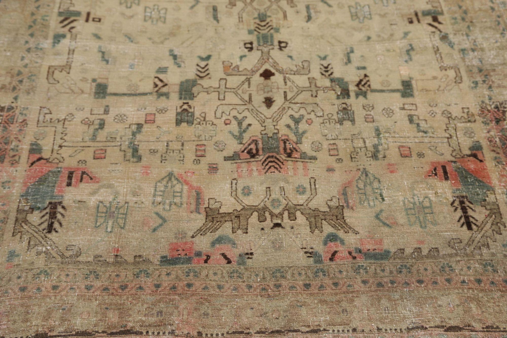 Irakien Tapis persans Bijar - motif en laine ivoire taupe - 96864 en vente
