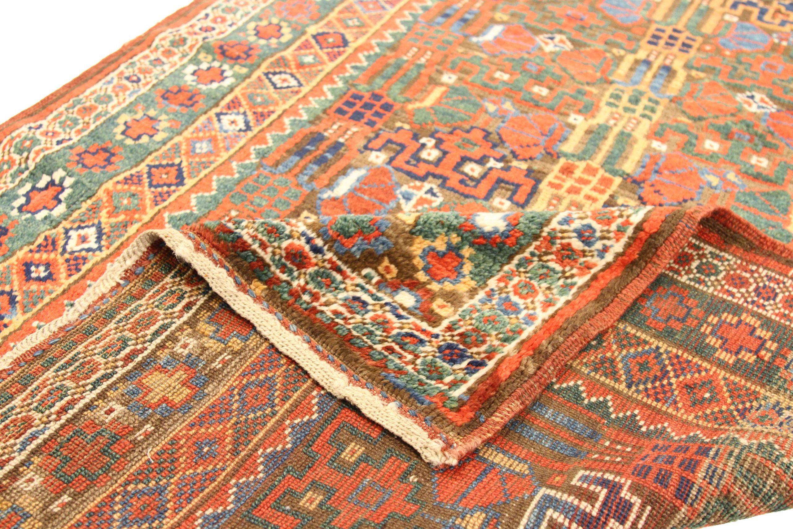 Persischer Bijar Läufer Teppich - Wolle Grün Rot Gelb Design - 75458 (Asiatisch) im Angebot