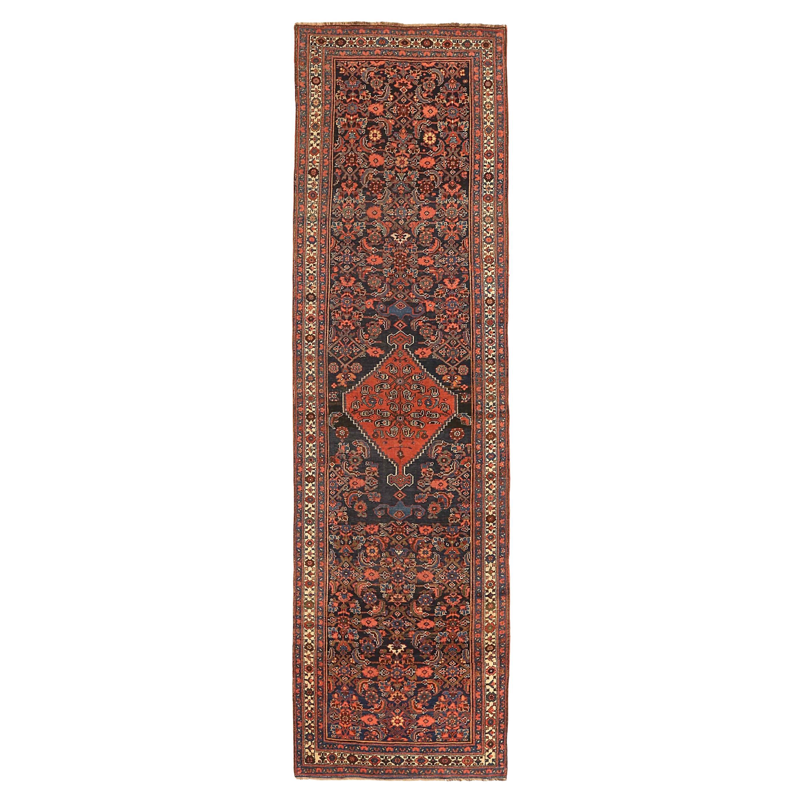 Persian Bijar Runner Rug - Wool Ivory Navy Blue Red 71530