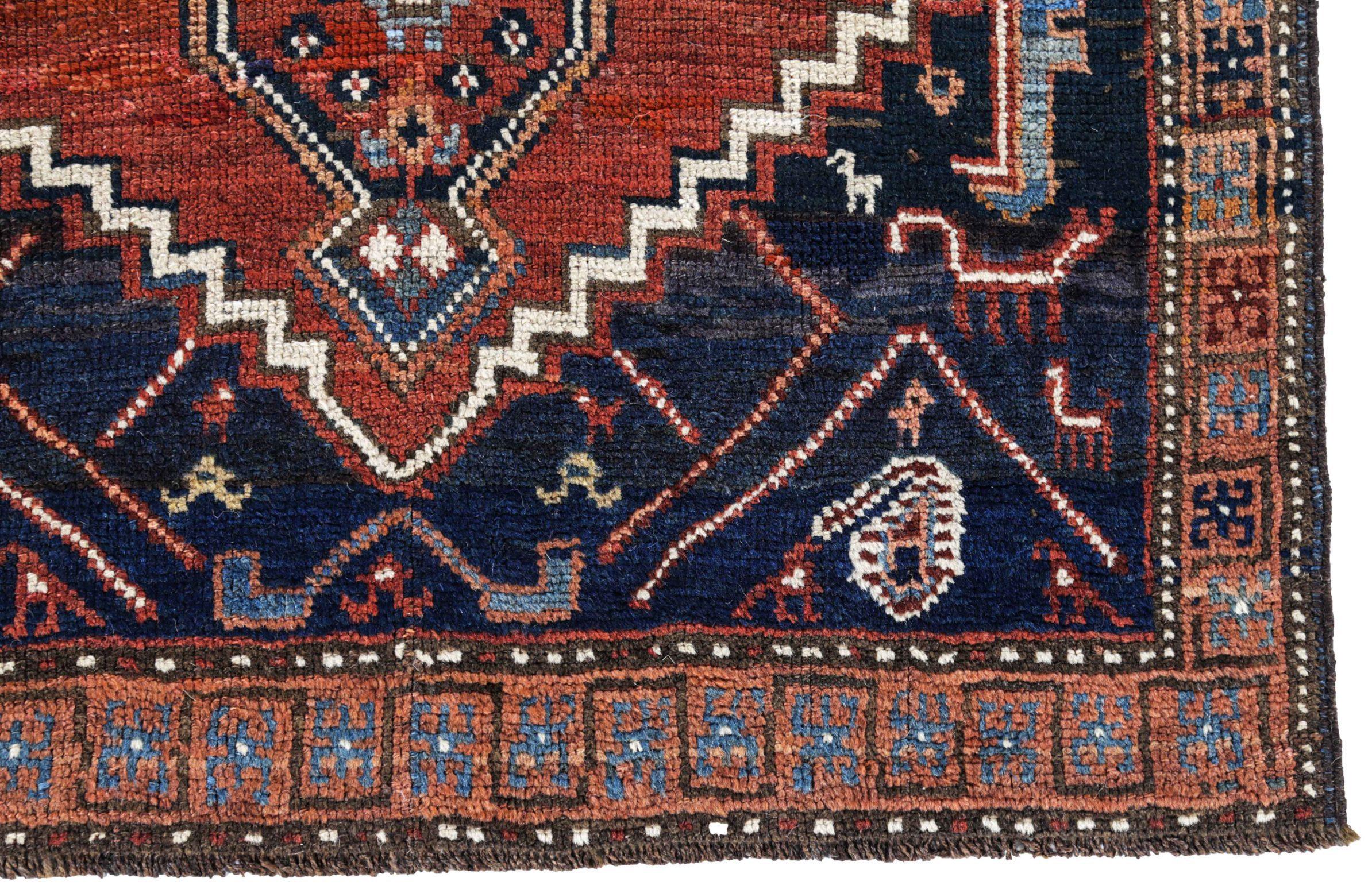 Persischer Bijar-Läufer - Wolle Elfenbein Marineblau Blau Rot Design - 91223 im Zustand „Hervorragend“ im Angebot in Dallas, TX
